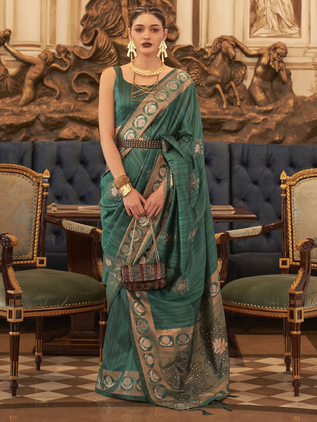 

elora Ethnic Motif Woven Design Zari Pure Silk Banarasi Saree, Green