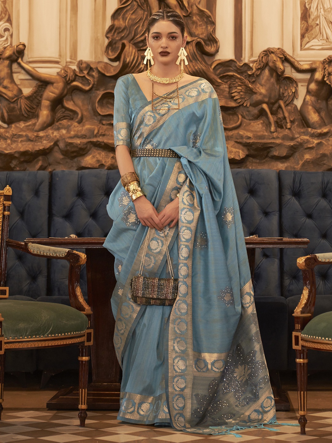 

elora Ethnic Motif Woven Design Zari Pure Silk Banarasi Saree, Blue