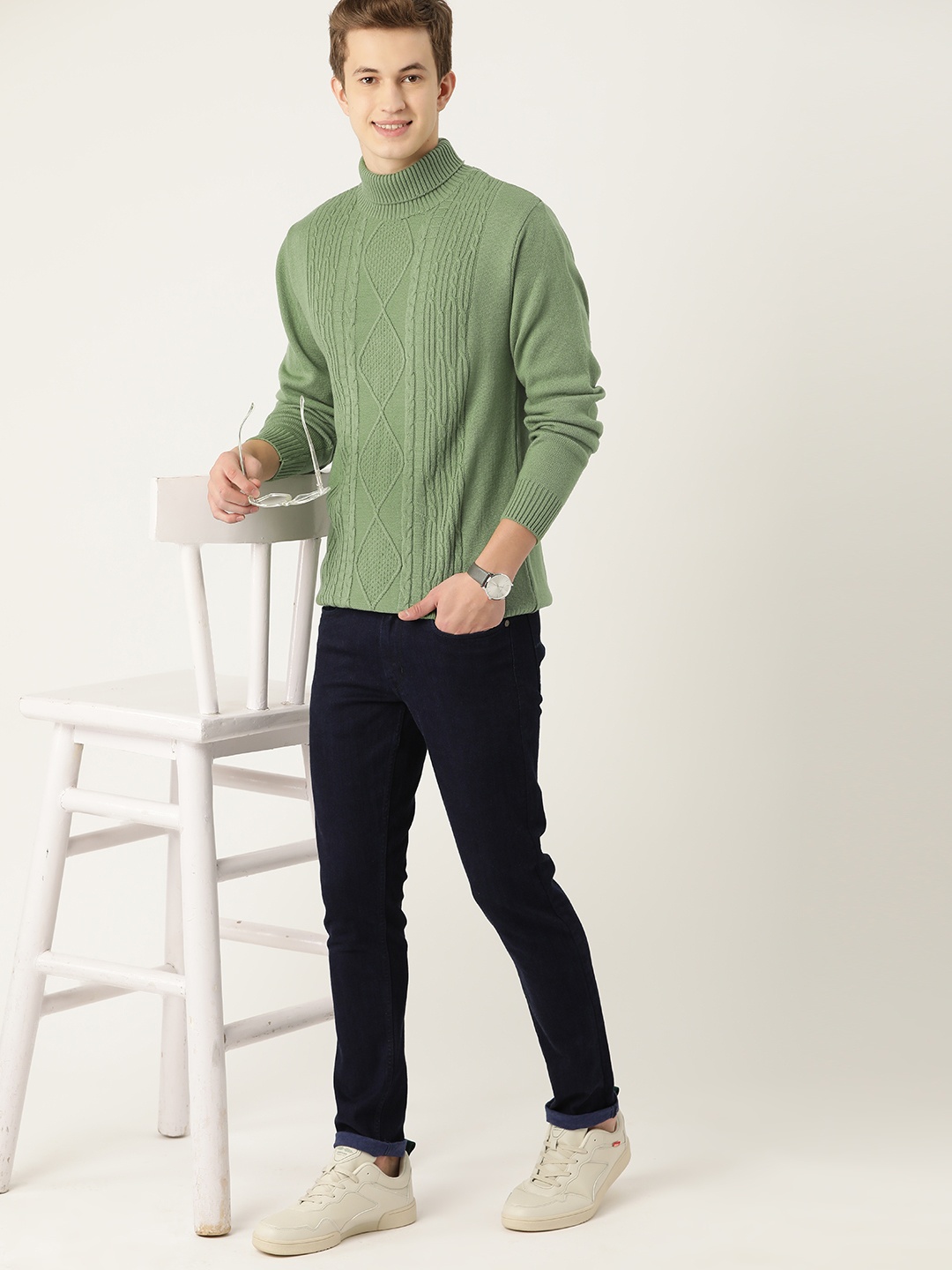 

Mast & Harbour Acrylic Cable Knit Pullover, Green