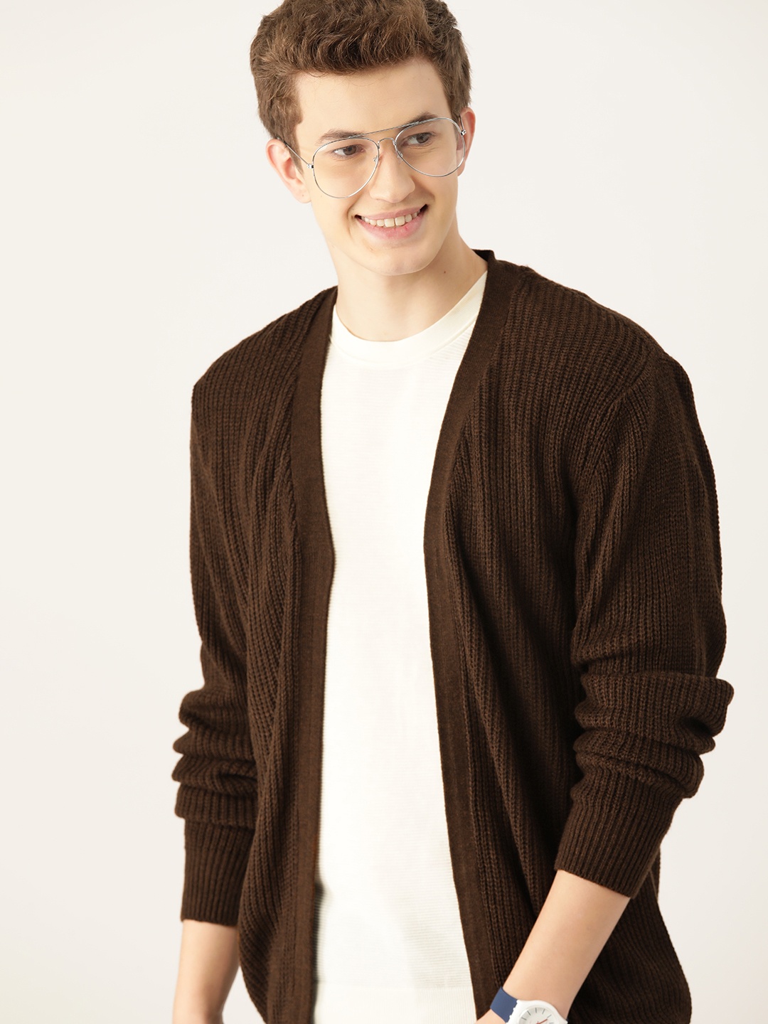 

Mast & Harbour Men Solid Acrylic Open-Front Sweater, Coffee brown