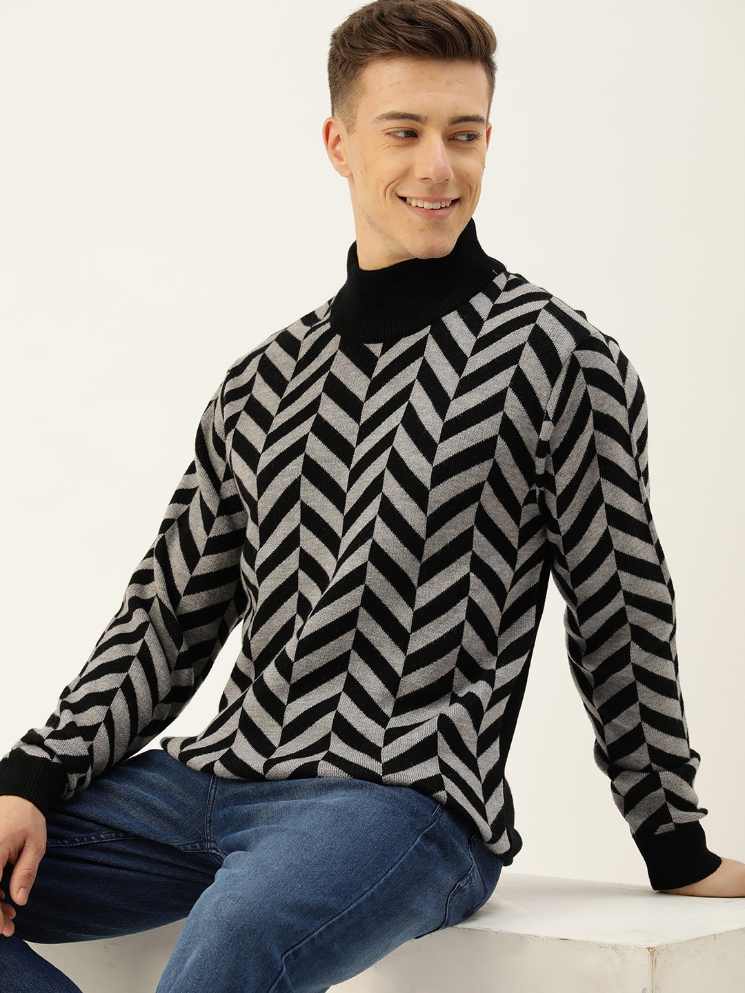 

Mast & Harbour Mock Collar Chevron Self-Design Acrylic Pullover, Grey