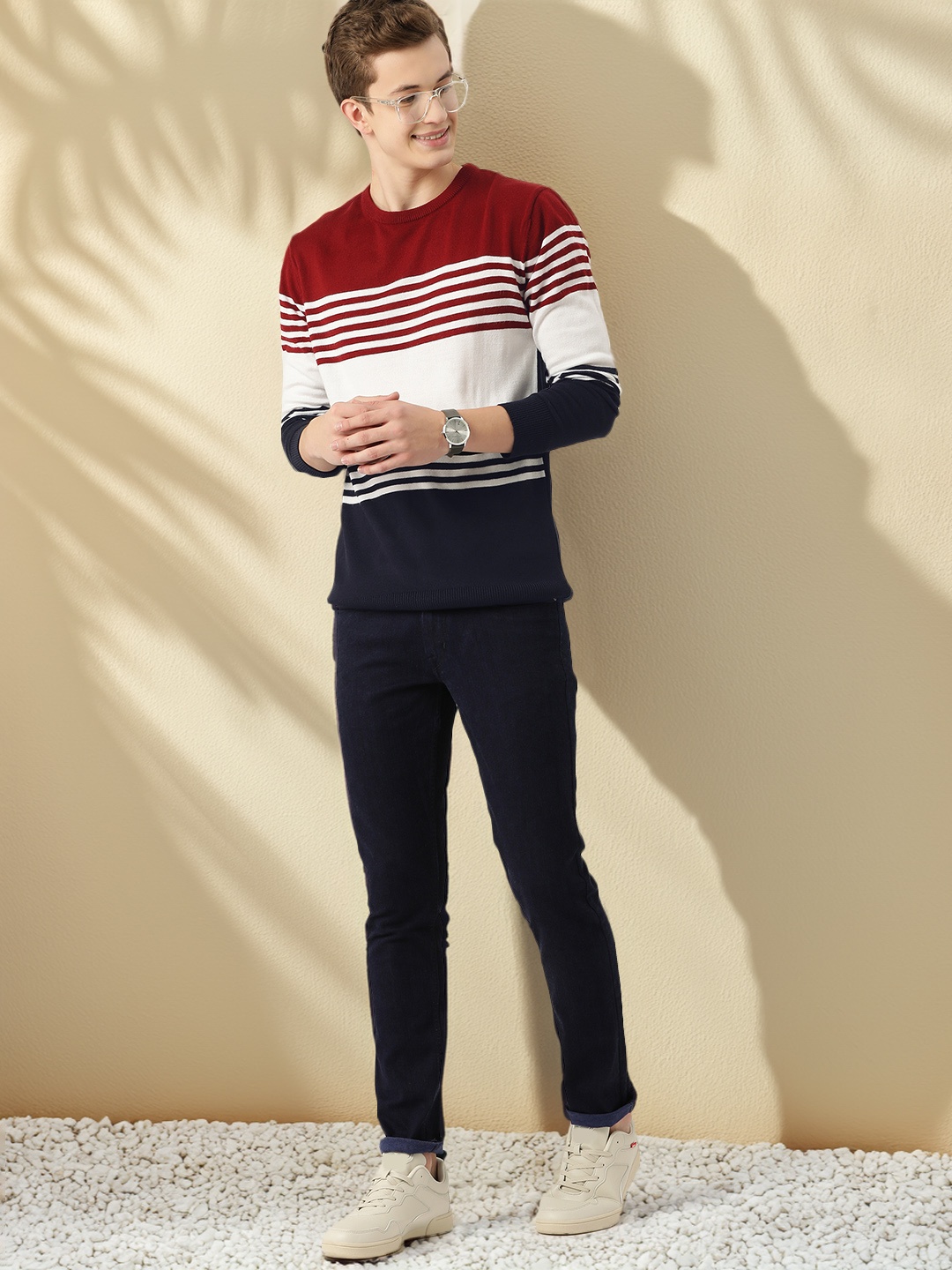 

Mast & Harbour Acrylic Striped Pullover, White