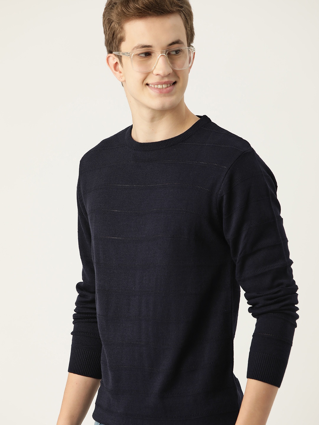 

Mast & Harbour Men Self-Striped Acrylic Pullover, Navy blue