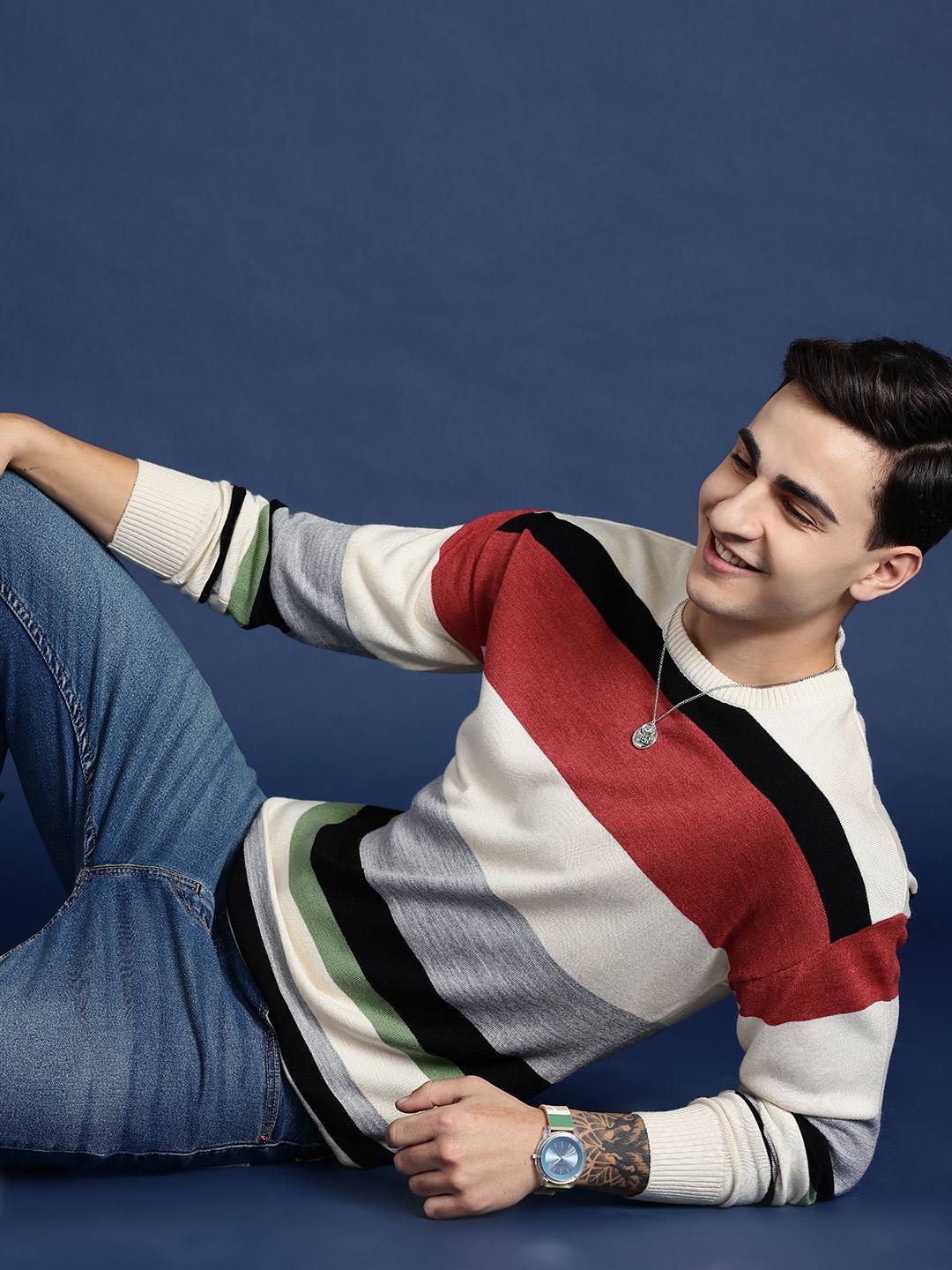 

Mast & Harbour Men Striped Pullover, Cream