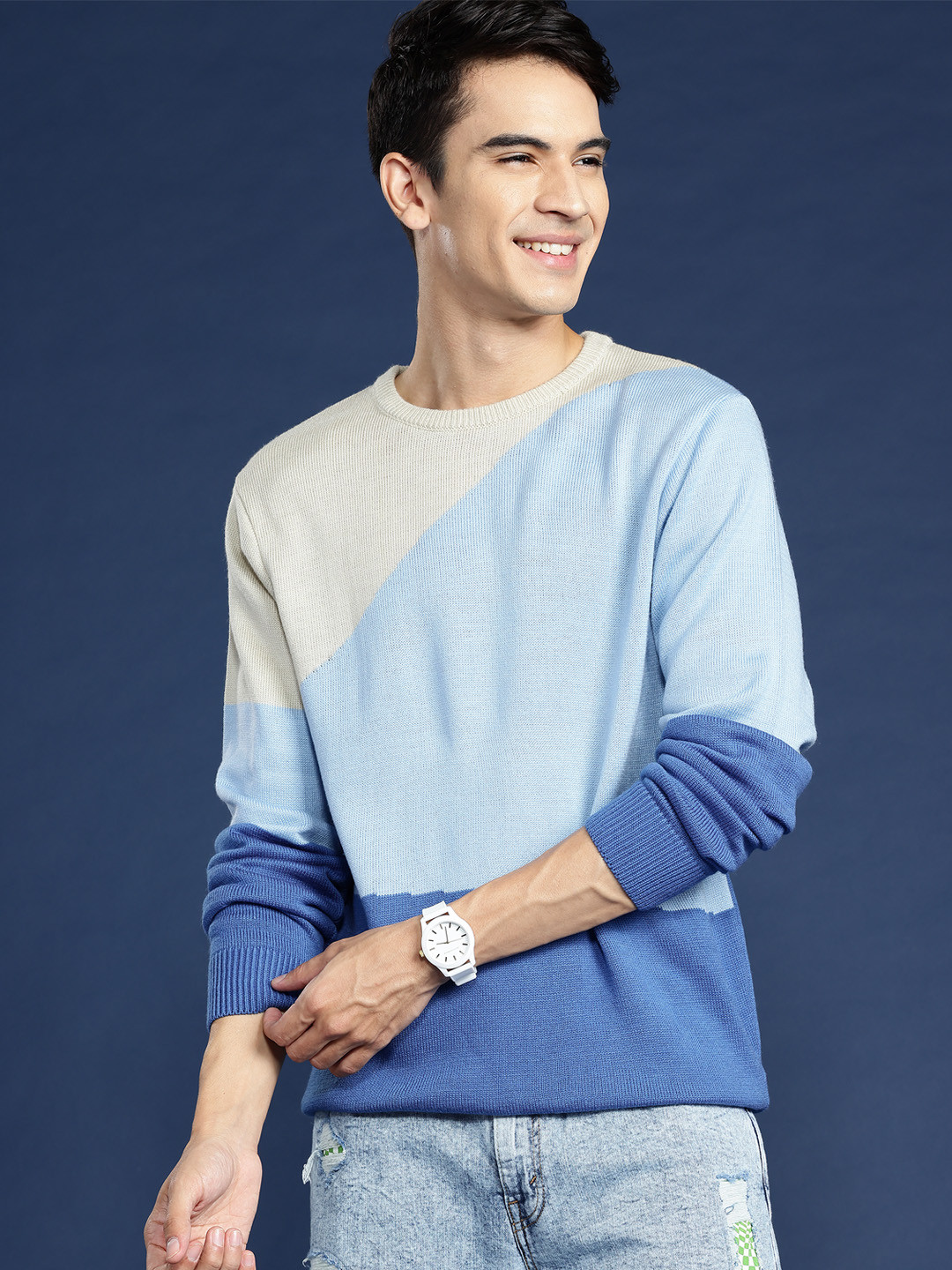 

Mast & Harbour Acrylic Colourblocked Pullover, Blue
