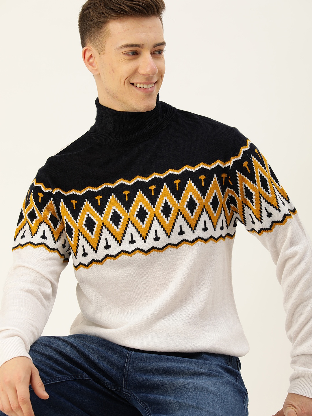 

Mast & Harbour Turtle Neck Colourblocked & Geometric Self-Design Acrylic Pullover, Black