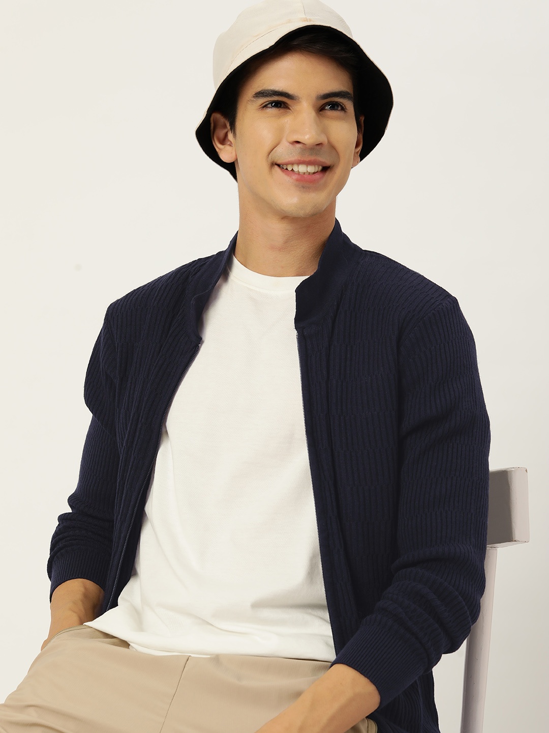 

Mast & Harbour Men Self Design Cardigan, Navy blue