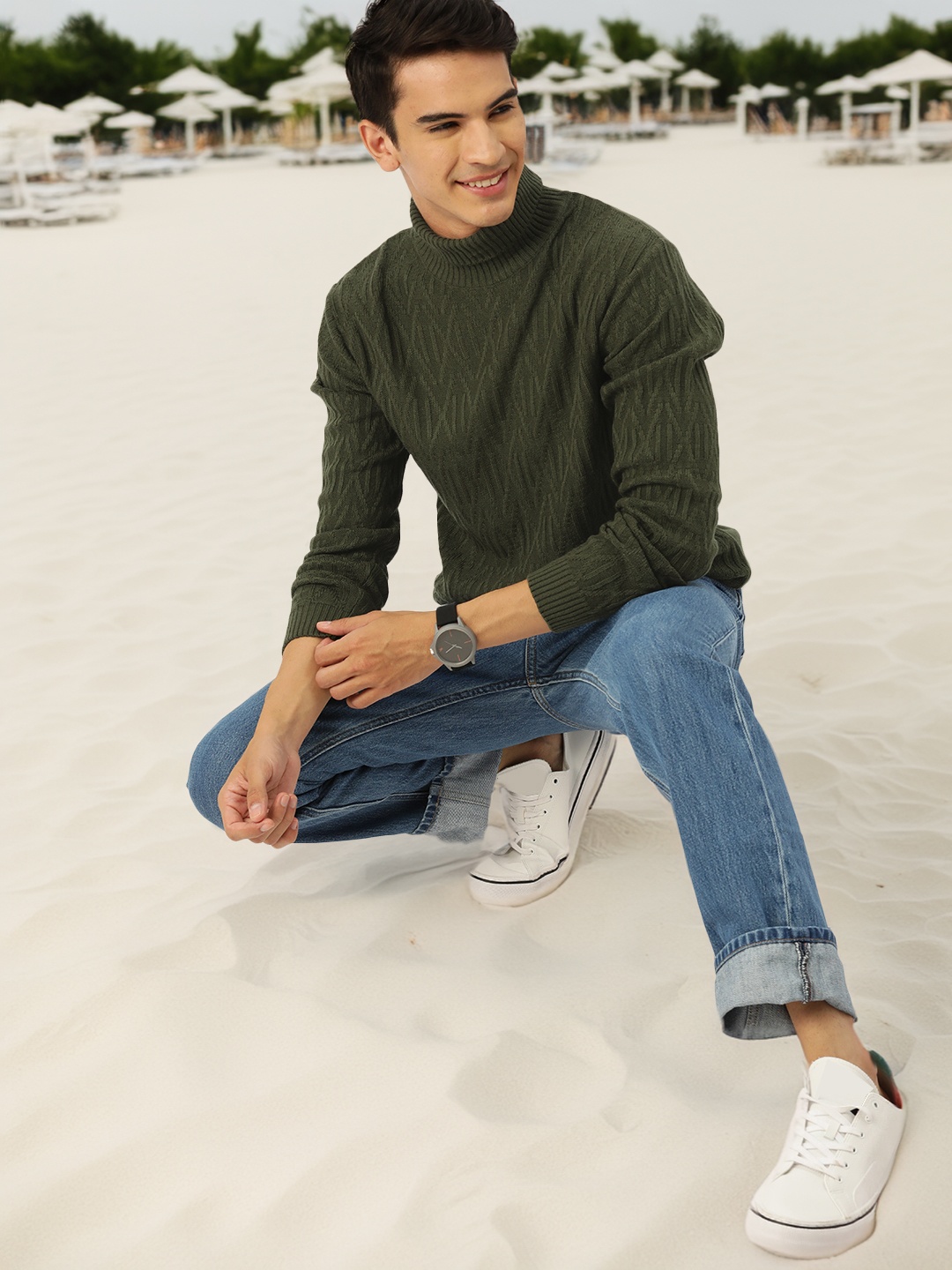 

Mast & Harbour Men Self Design Pullover, Olive