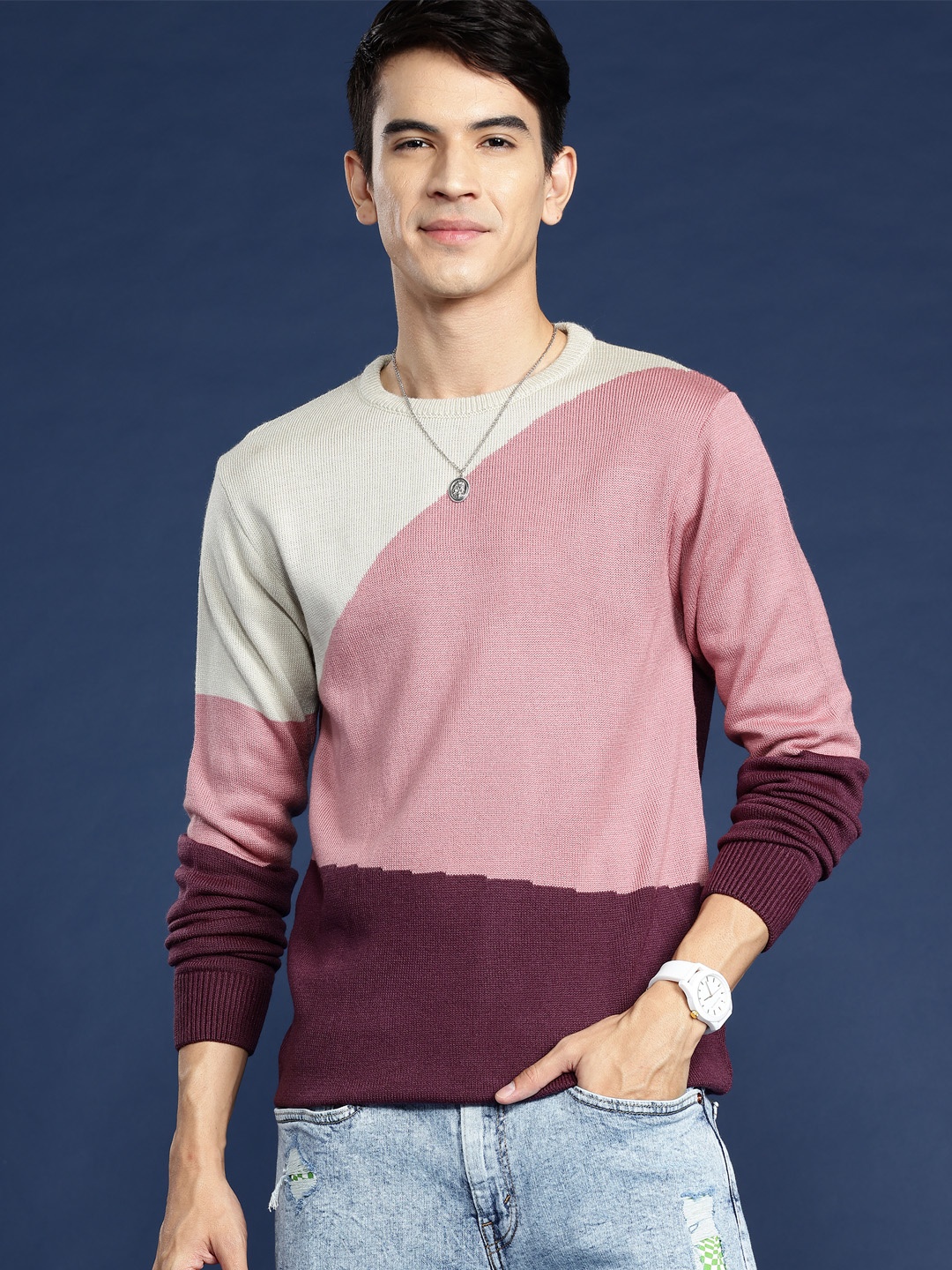 

Mast & Harbour Acrylic Colourblocked Pullover, Rose