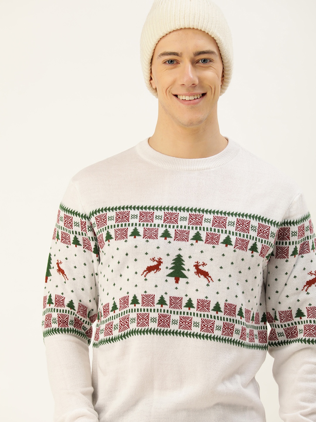 

Mast & Harbour Round Neck Christmas Self-Design Acrylic Pullover, White