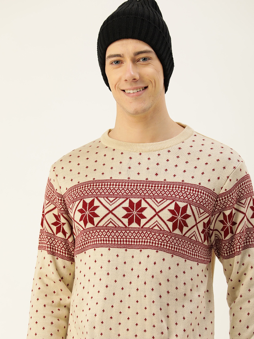 

Mast & Harbour Round Neck Christmas Self-Design Acrylic Pullover, Beige