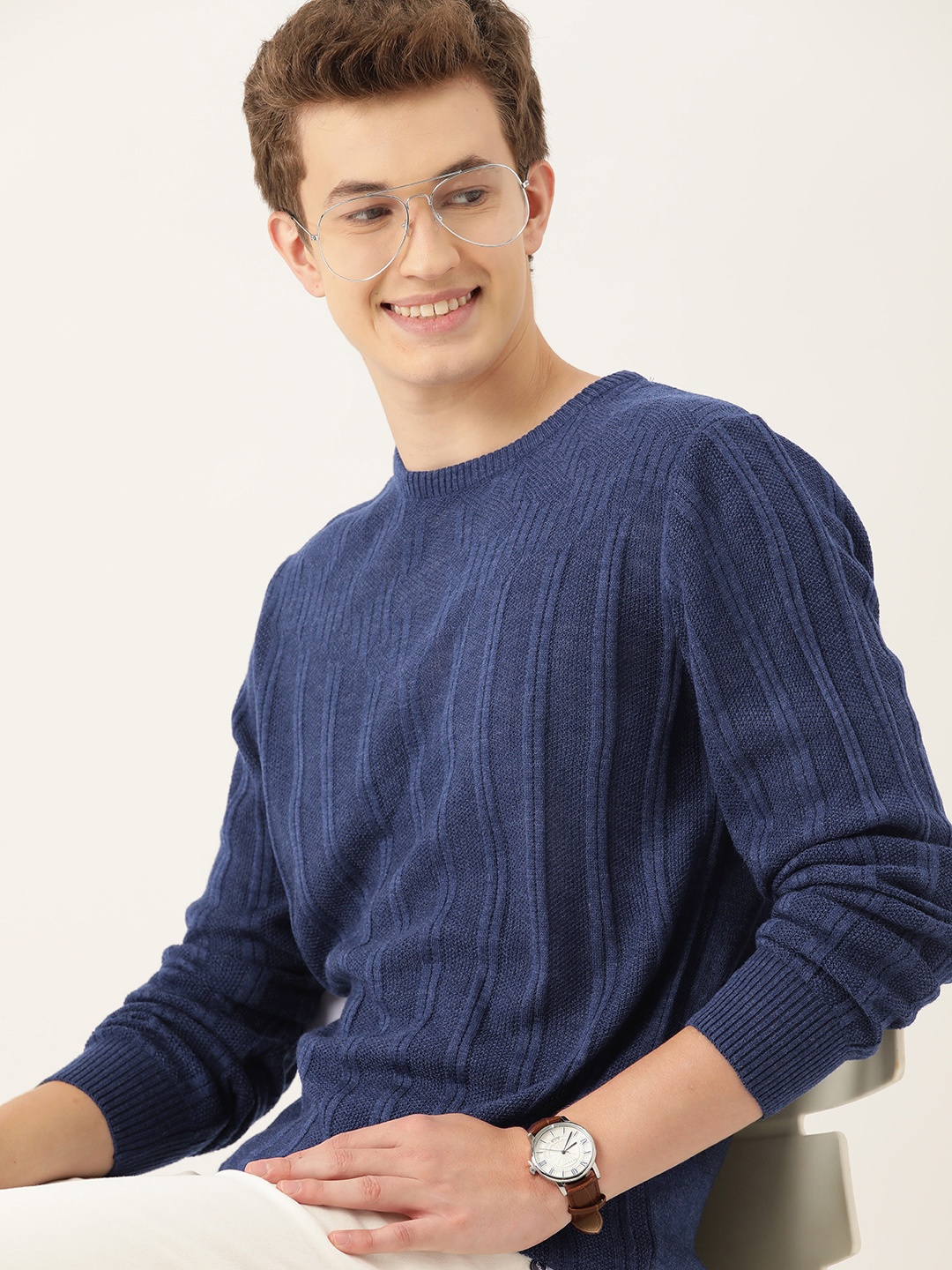 

Mast & Harbour Men Acrylic Self Striped Pullover, Navy blue