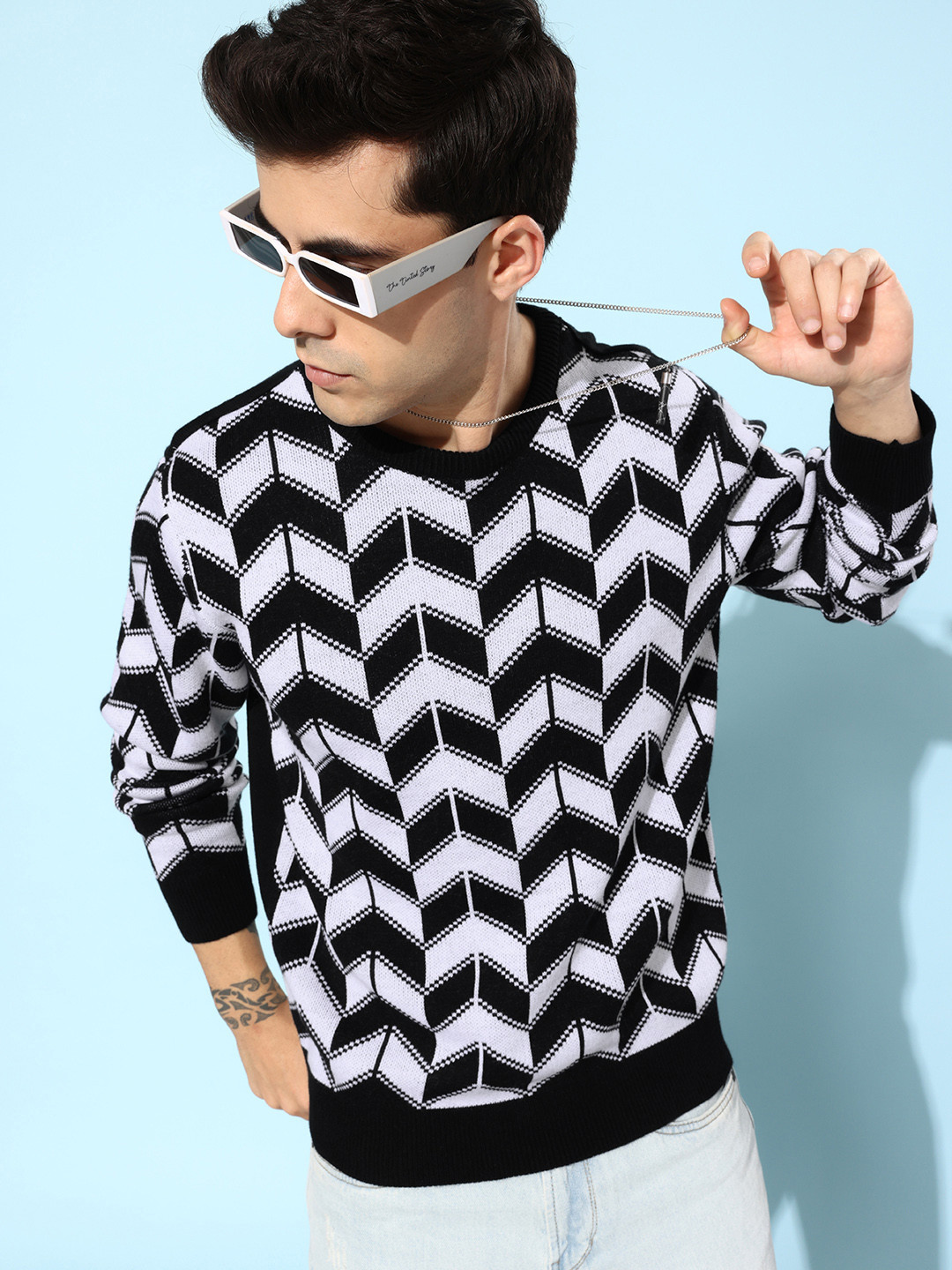 

Mast & Harbour Self Design Geometric Pullover Sweater, Black