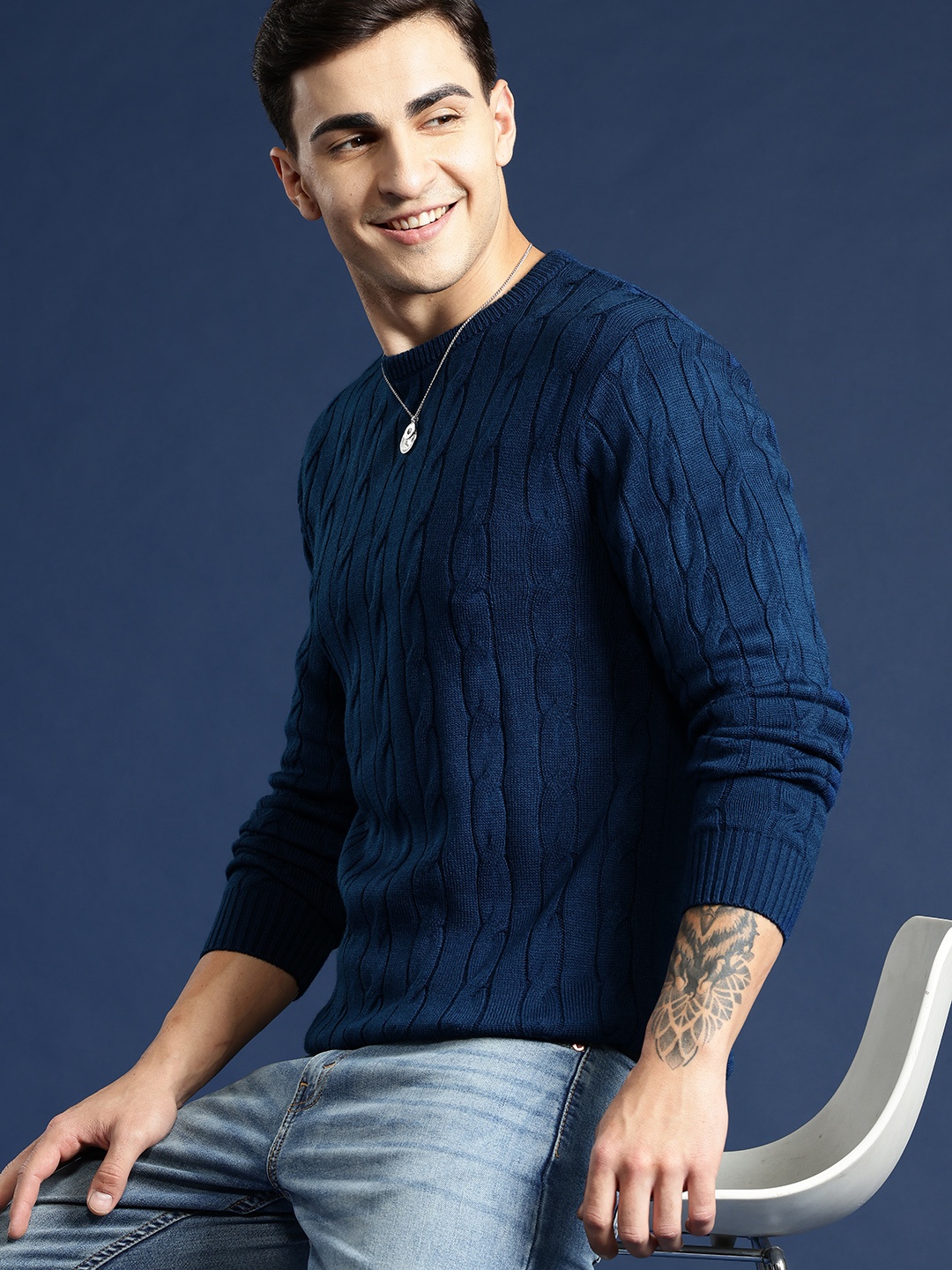 

Mast & Harbour Solid Cable Knit Acrylic Pullover, Navy blue