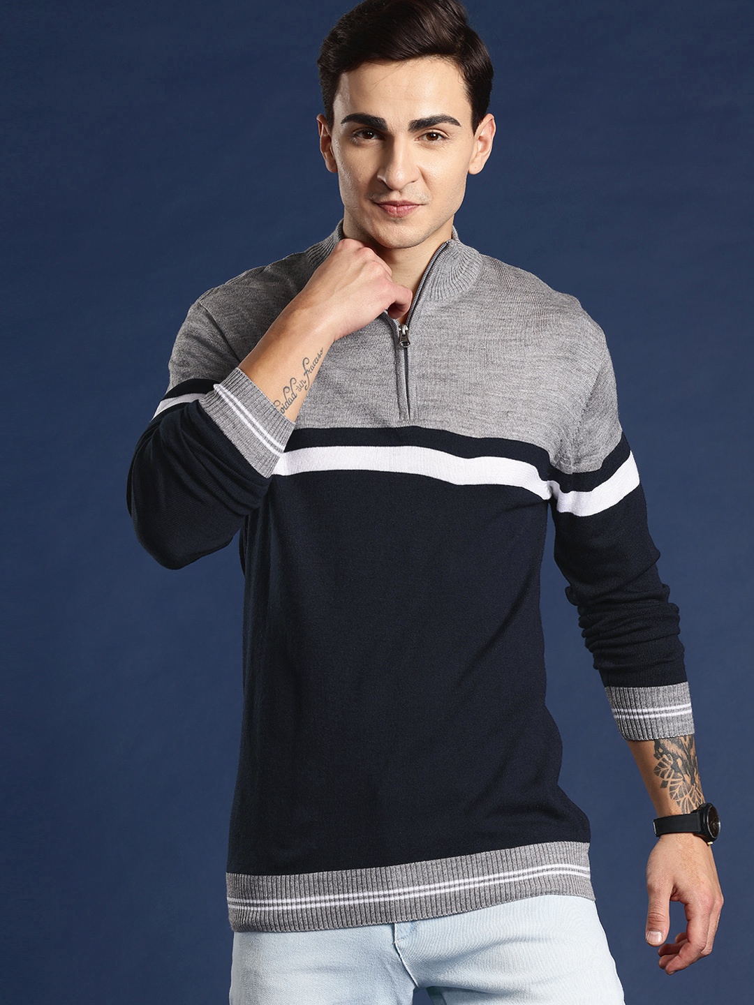 

Mast & Harbour Pure Acrylic Colourblocked Pullover, Navy blue
