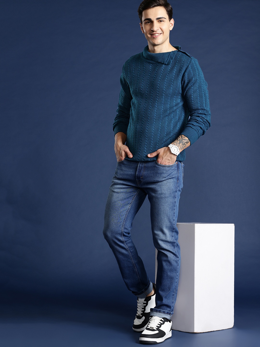 

Mast & Harbour Men Self Striped Acrylic Pullover, Teal