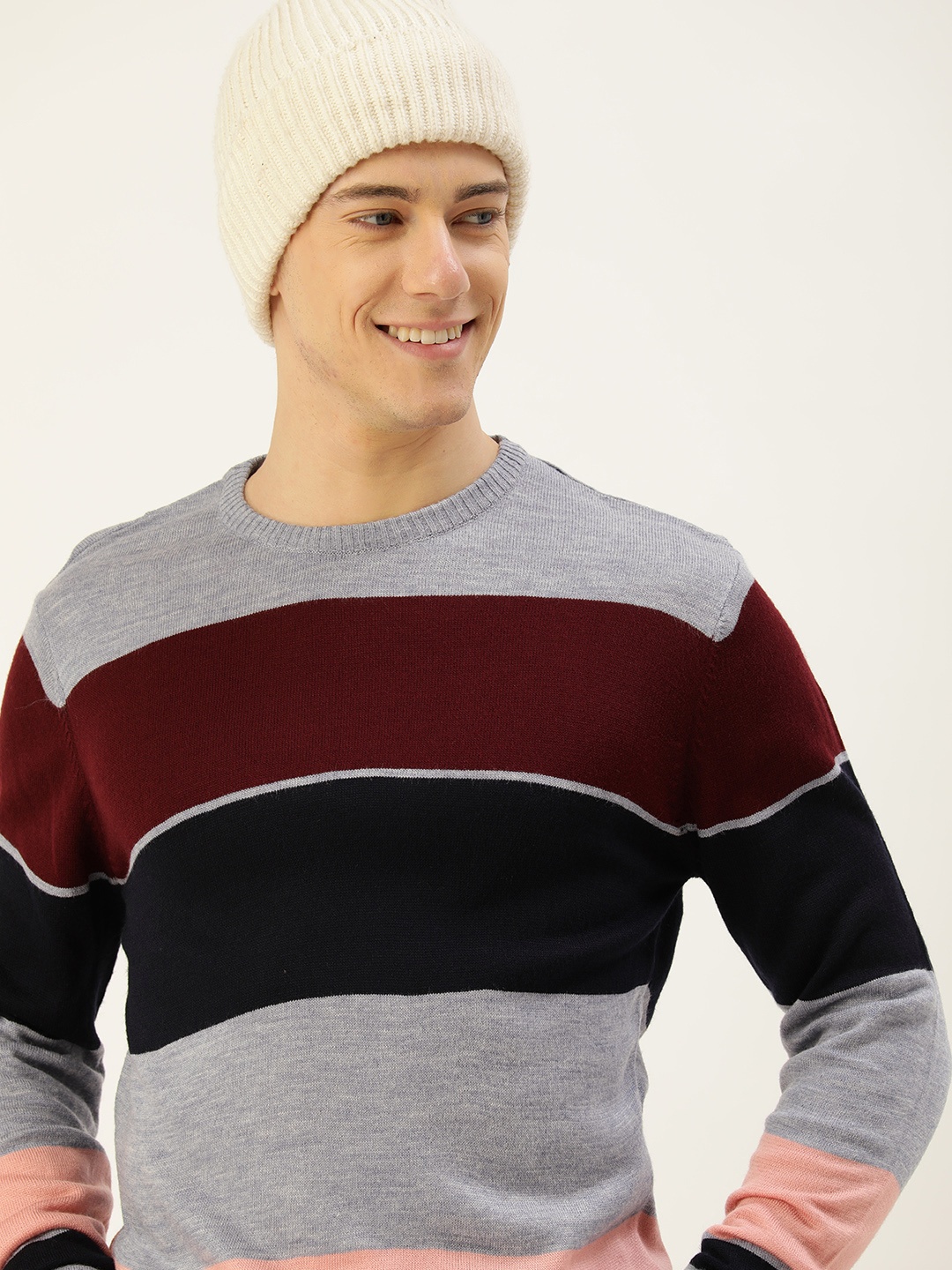 

Mast & Harbour Round Neck Colourblocked Acrylic Pullover, Grey