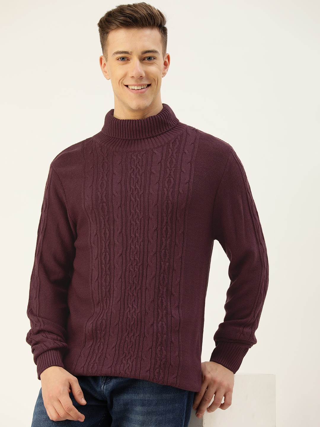 

Mast & Harbour Turtle Neck Cable Knit Pullover Sweater, Burgundy