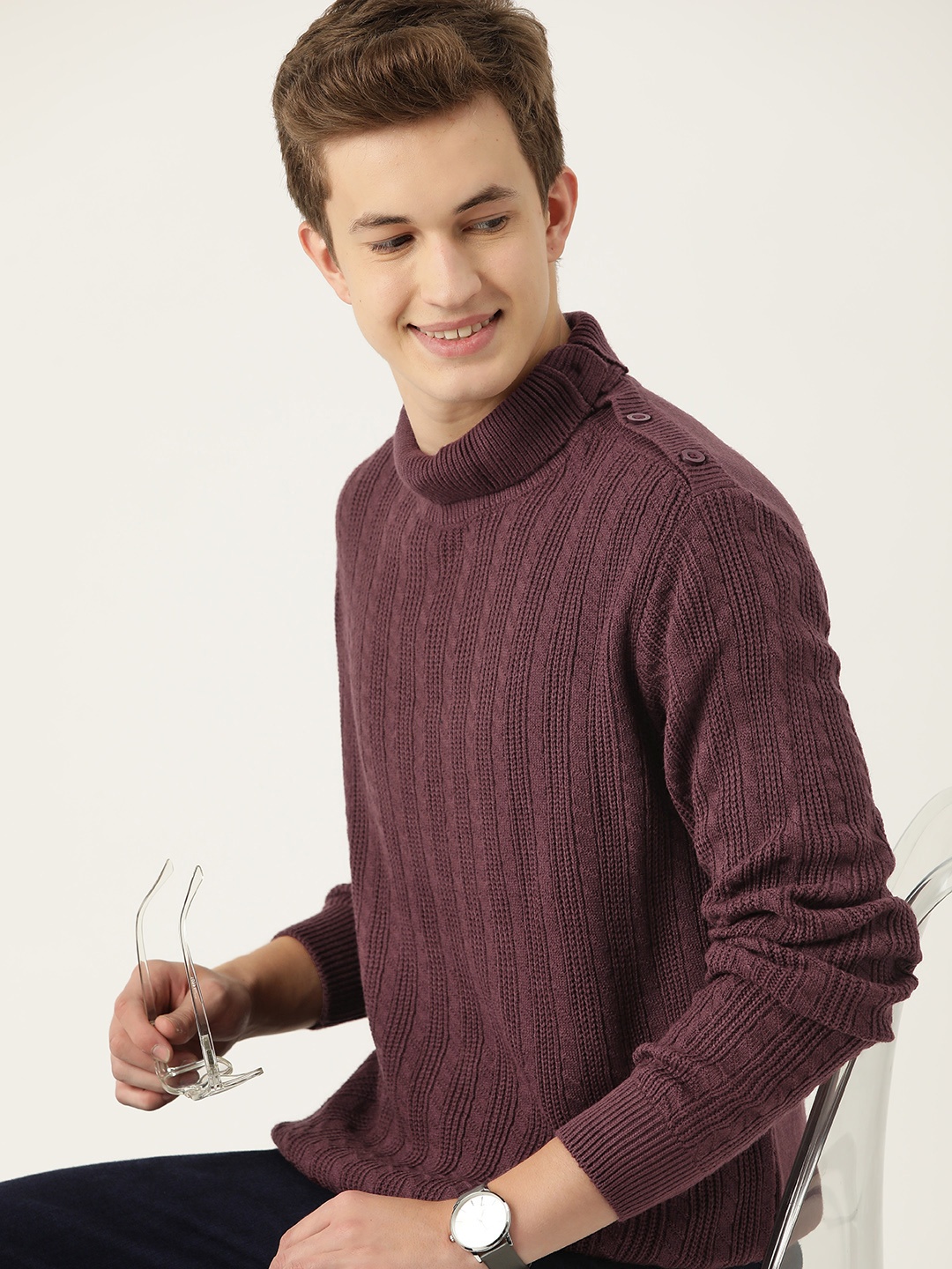 

Mast & Harbour Button Detail Cable Knit Acrylic Pullover, Burgundy