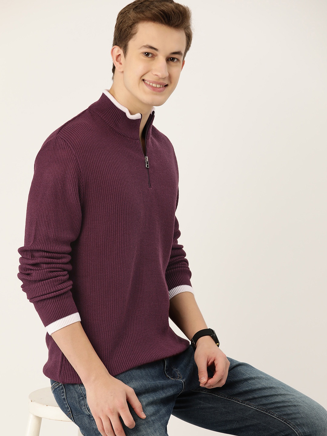 

Mast & Harbour Mock Collar Ribbed Pullover, Burgundy
