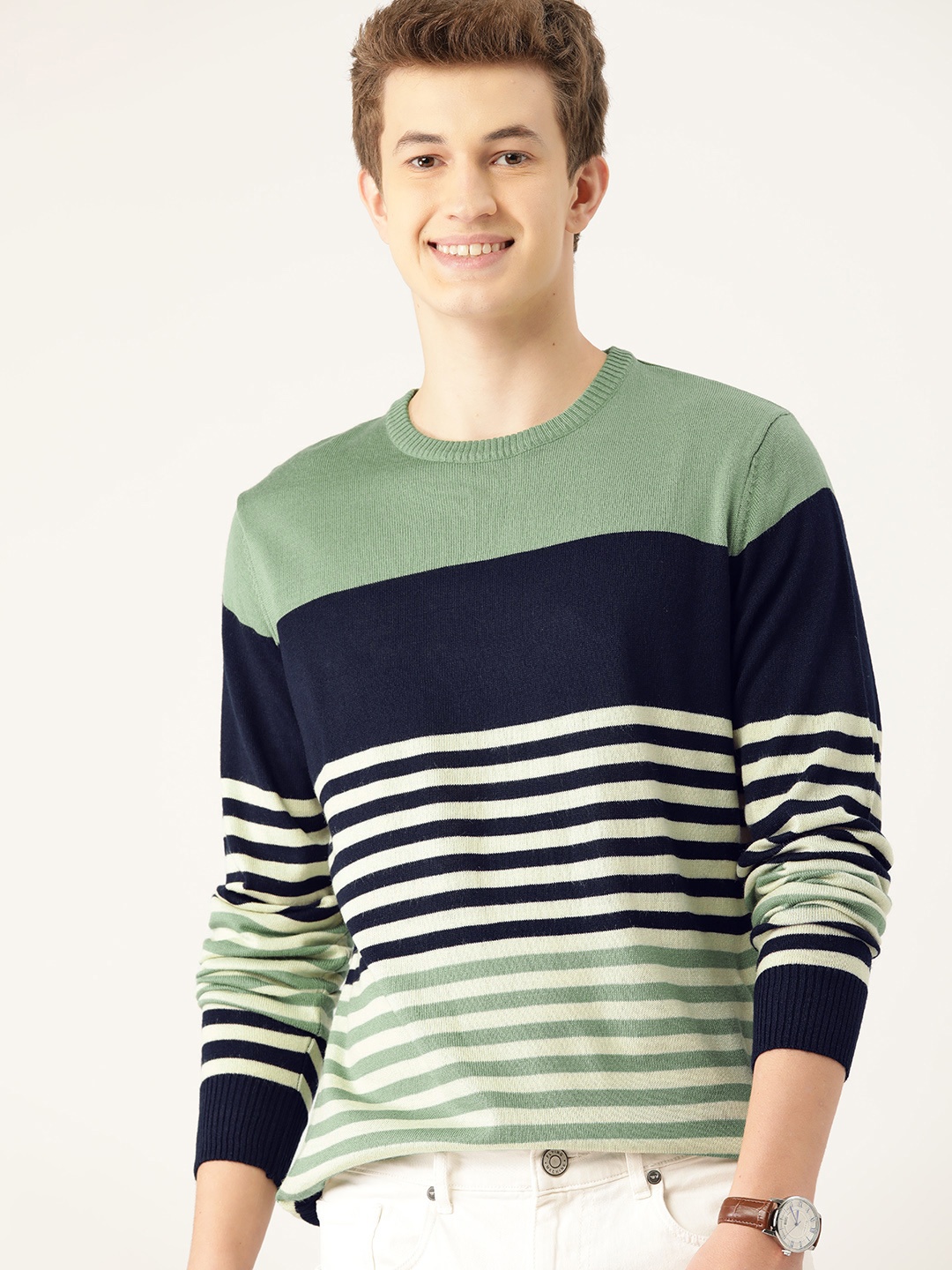 

Mast & Harbour Men Striped Pullover, Green
