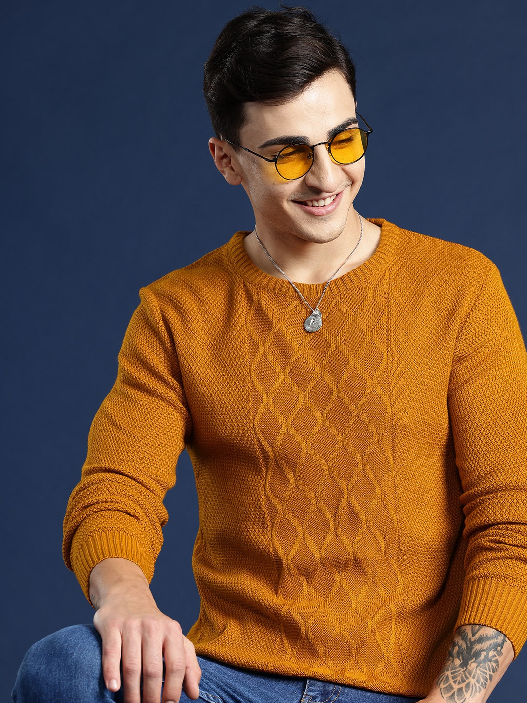 

Mast & Harbour Pure Acrylic Self-Design Pullover, Mustard