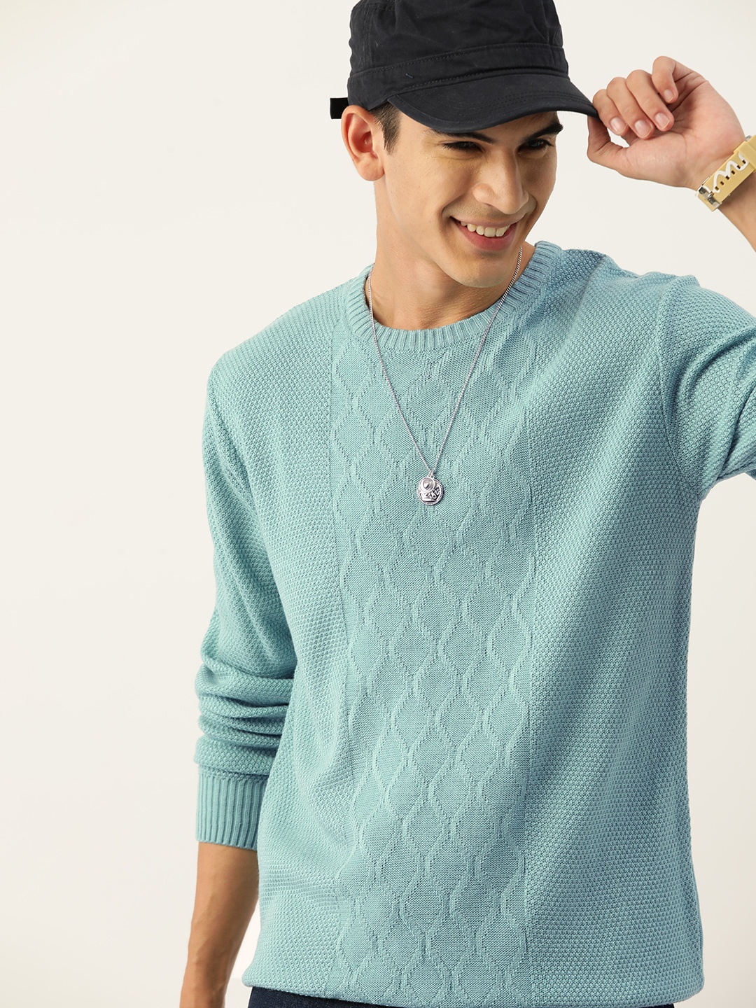 

Mast & Harbour Men Self Design Acrylic Pullover, Blue