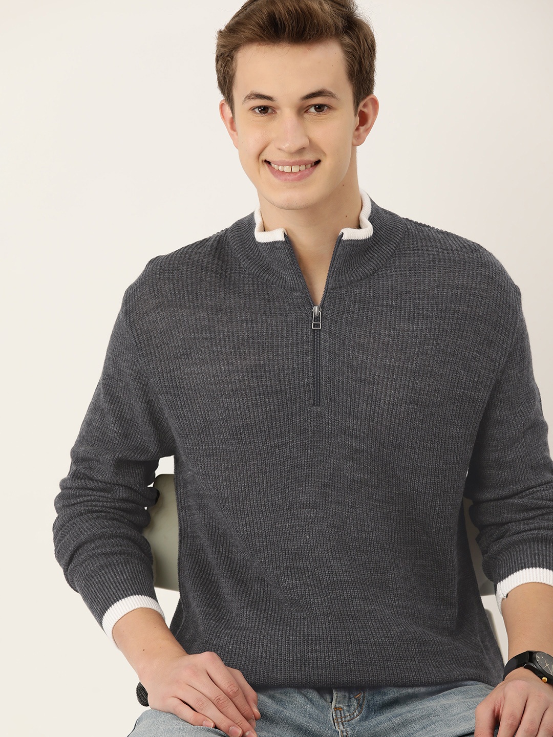 Mast & Harbour Mock Collar Ribbed Pullover, Charcoal
