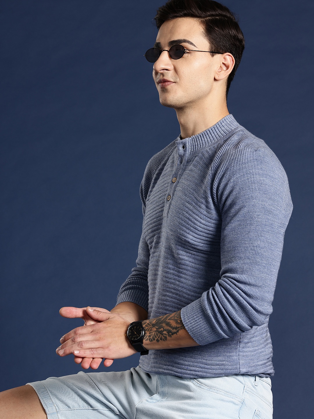 

Mast & Harbour Pure Acrylic Self-Striped Pullover, Blue