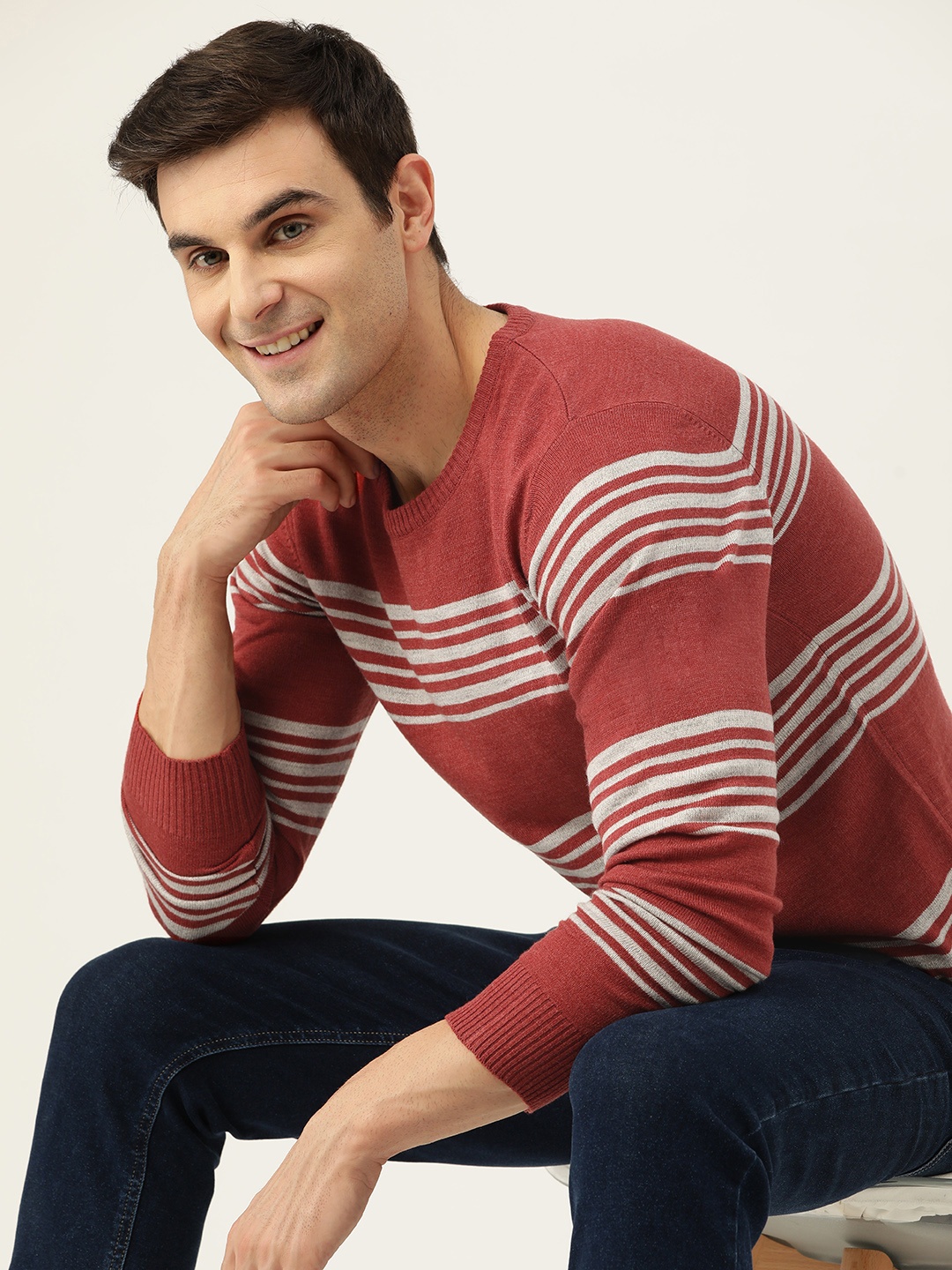 

Mast & Harbour Striped Acrylic Pullover, Red