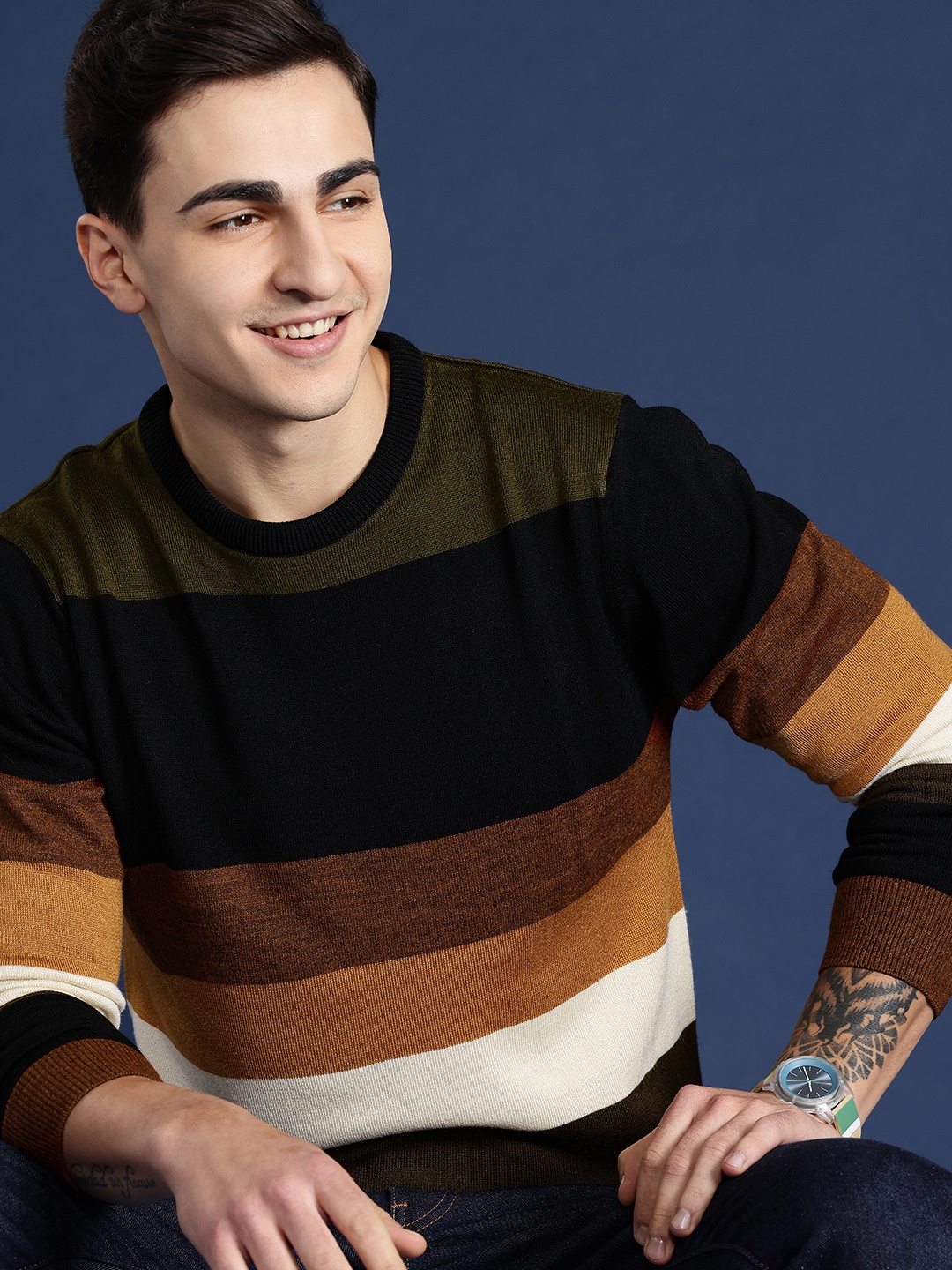 

Mast & Harbour Men Striped Pullover, Brown