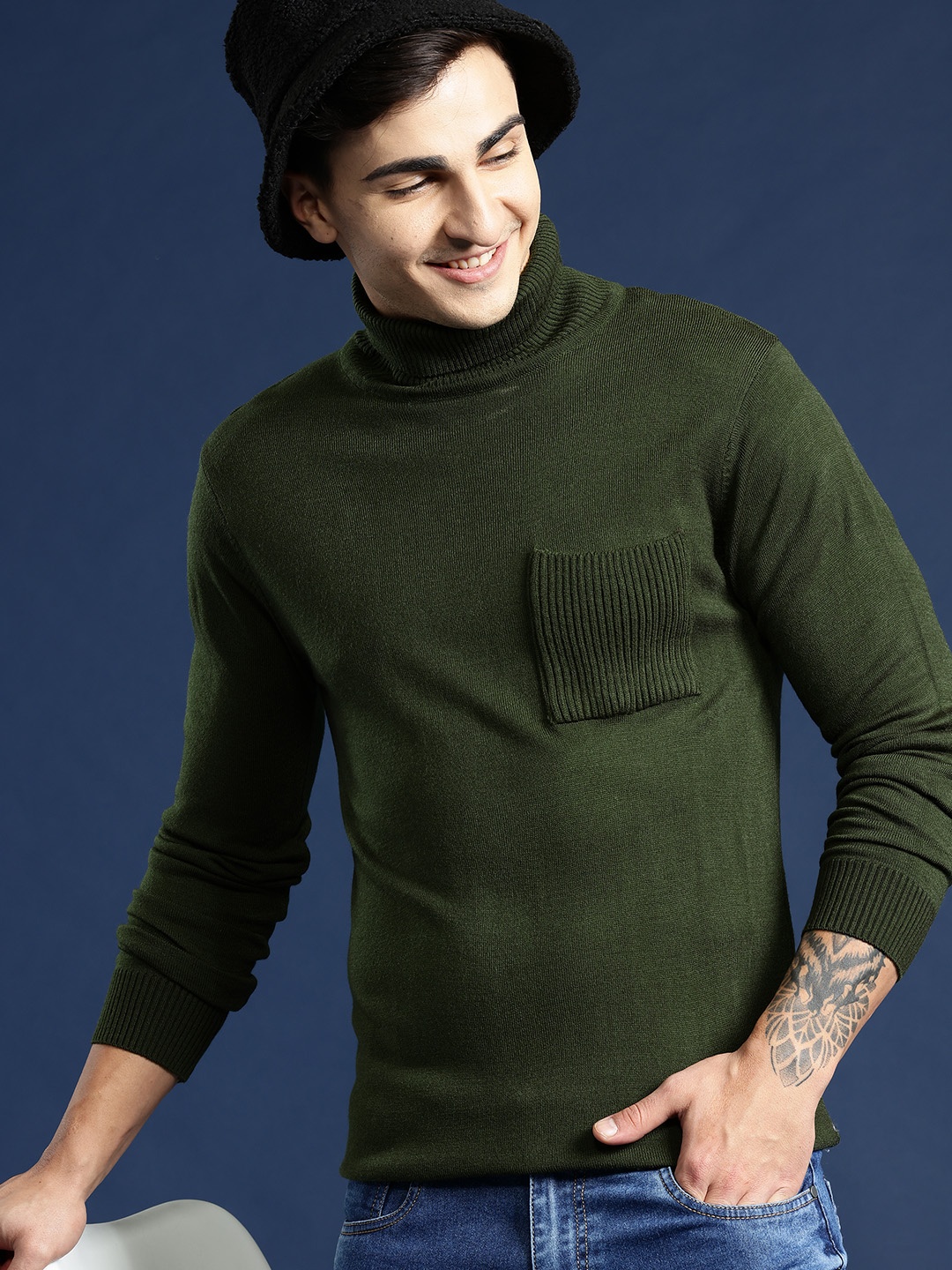 

Mast & Harbour Solid Turtle Neck Chest Pocket Detail Acrylic Pullover, Olive