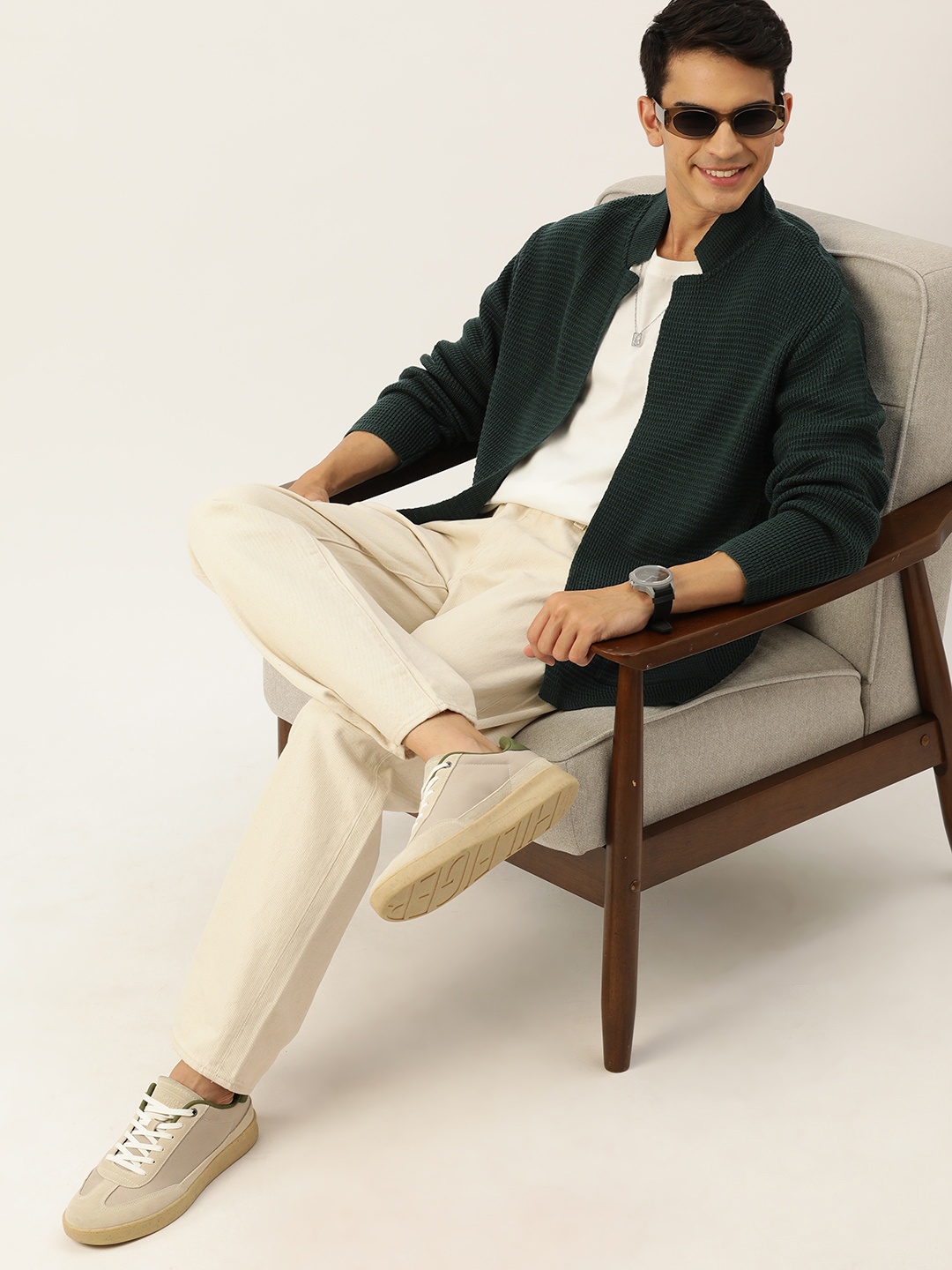 

Mast & Harbour Men Self Design Front-Open Sweater, Green