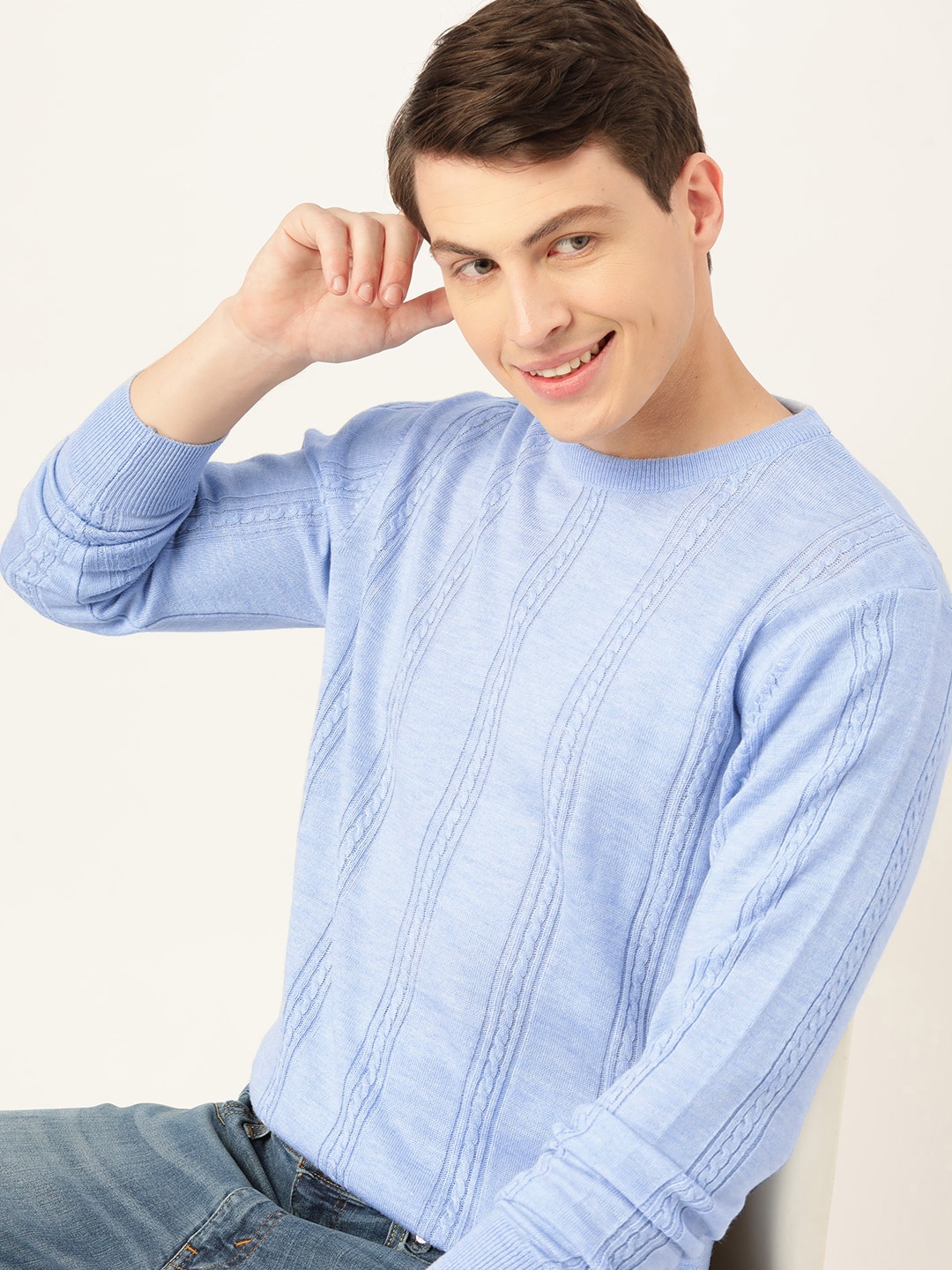 

Mast & Harbour Pure Acrylic Cable Knit Pullover, Blue