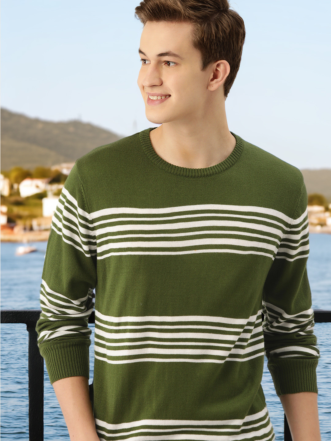 

Mast & Harbour Men Striped Pullover, Olive