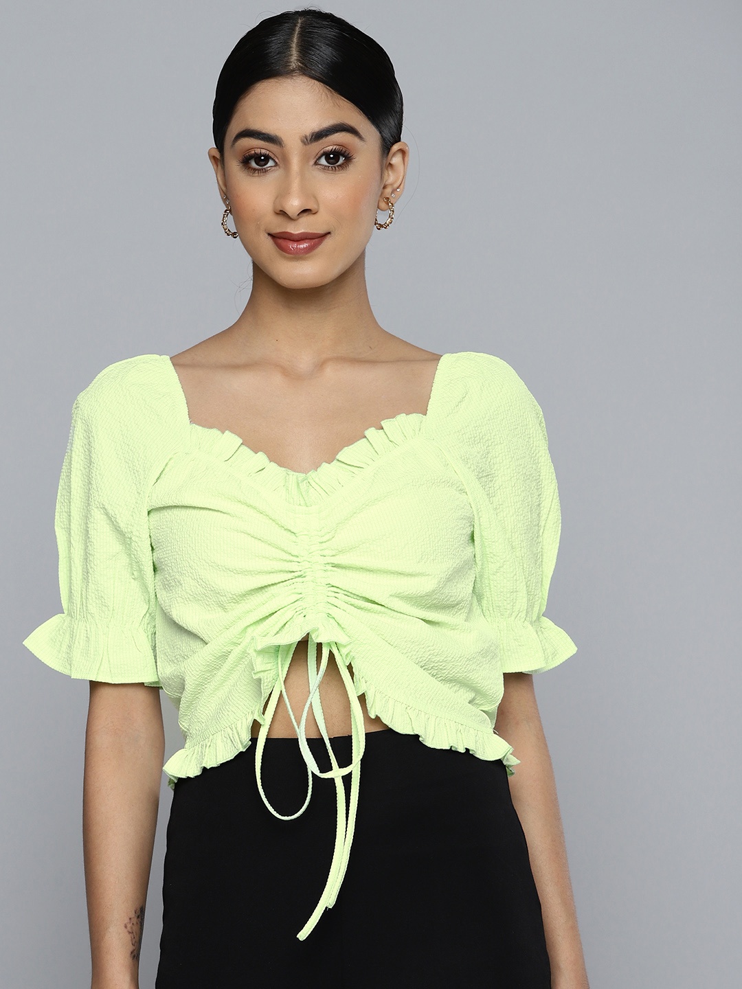 

VividArtsy Sweetheart Neck Puff Sleeve Crop Top, Lime green