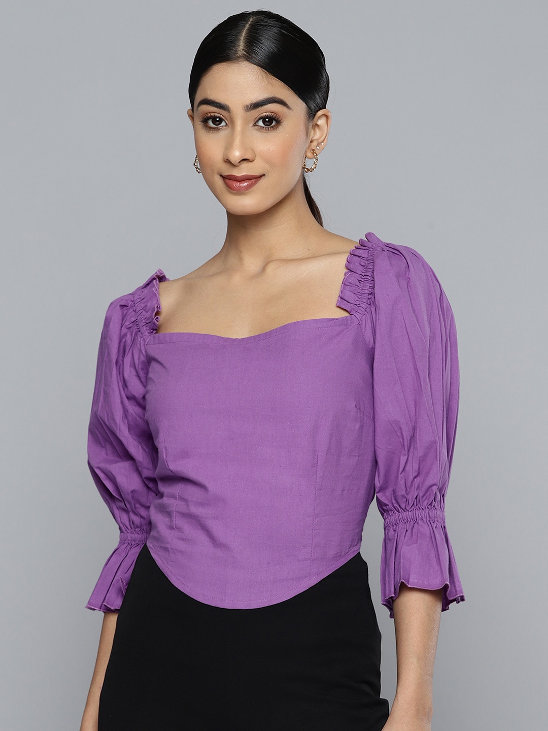 

VividArtsy Sweetheart Neck Puff Sleeve Cotton Bardot Top, Purple