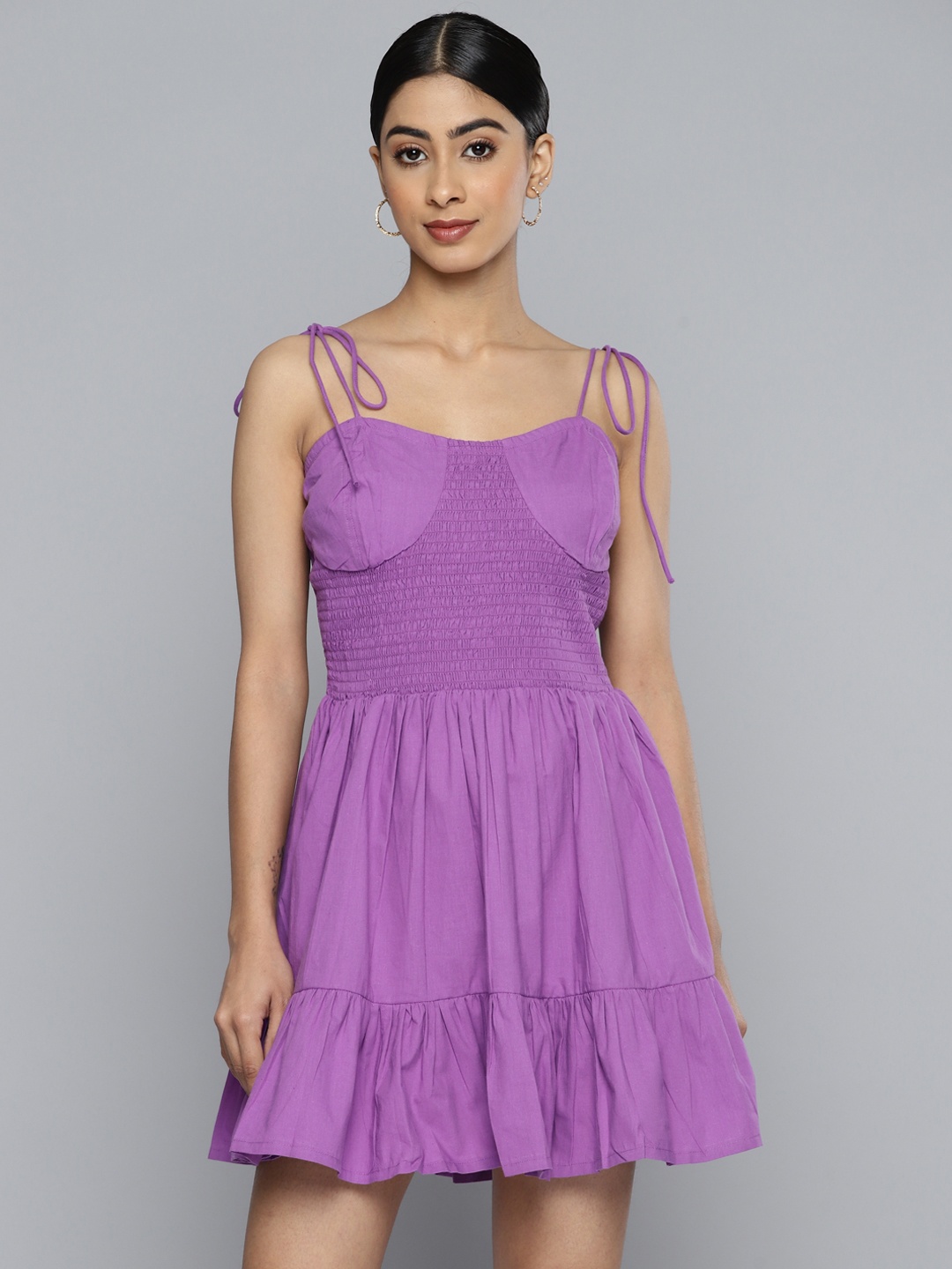 

VividArtsy Smocked Cotton A-Line Mini Dress, Purple
