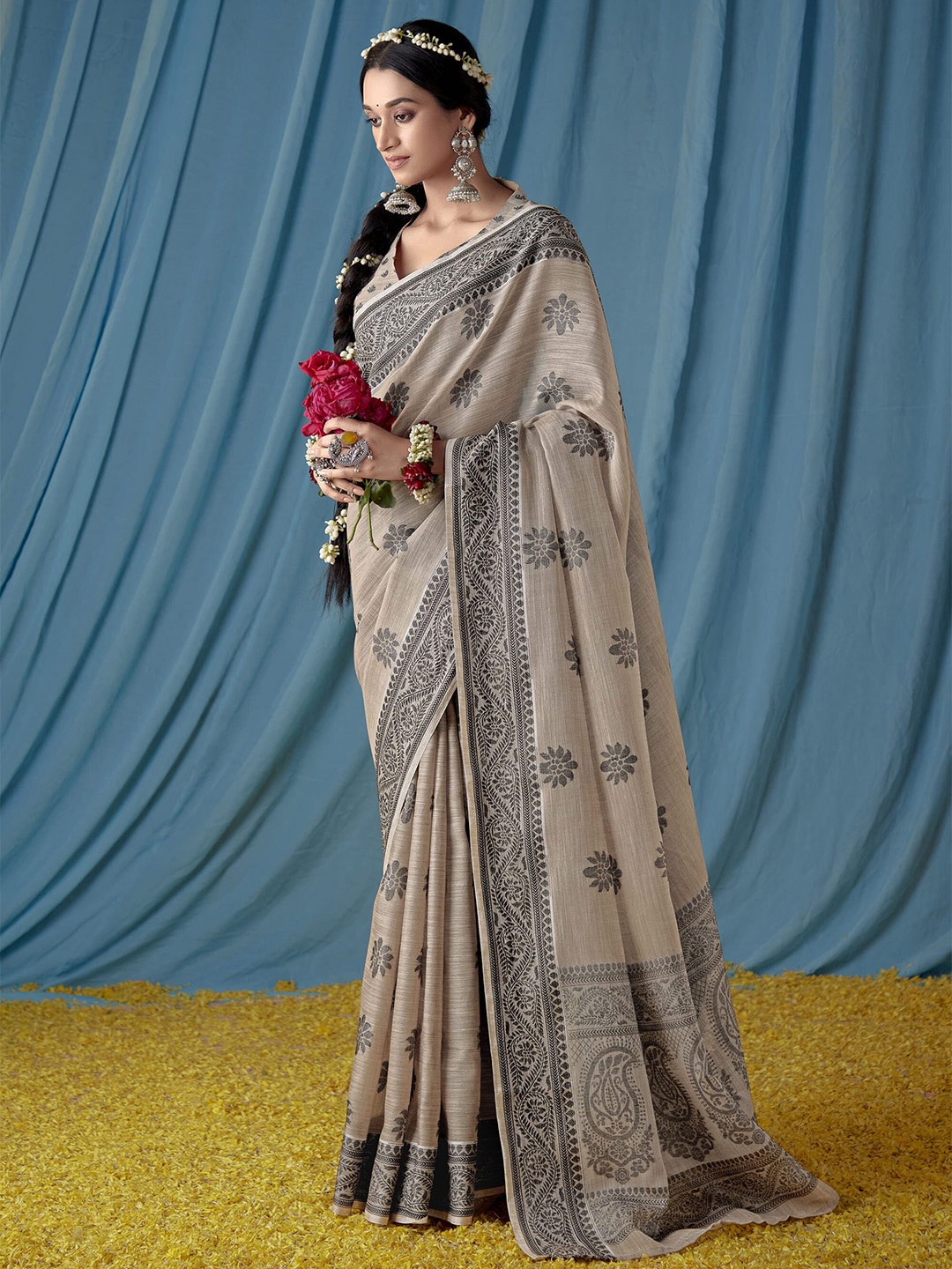 

elora Floral Woven Design Zari Pure Linen Banarasi Saree, Grey