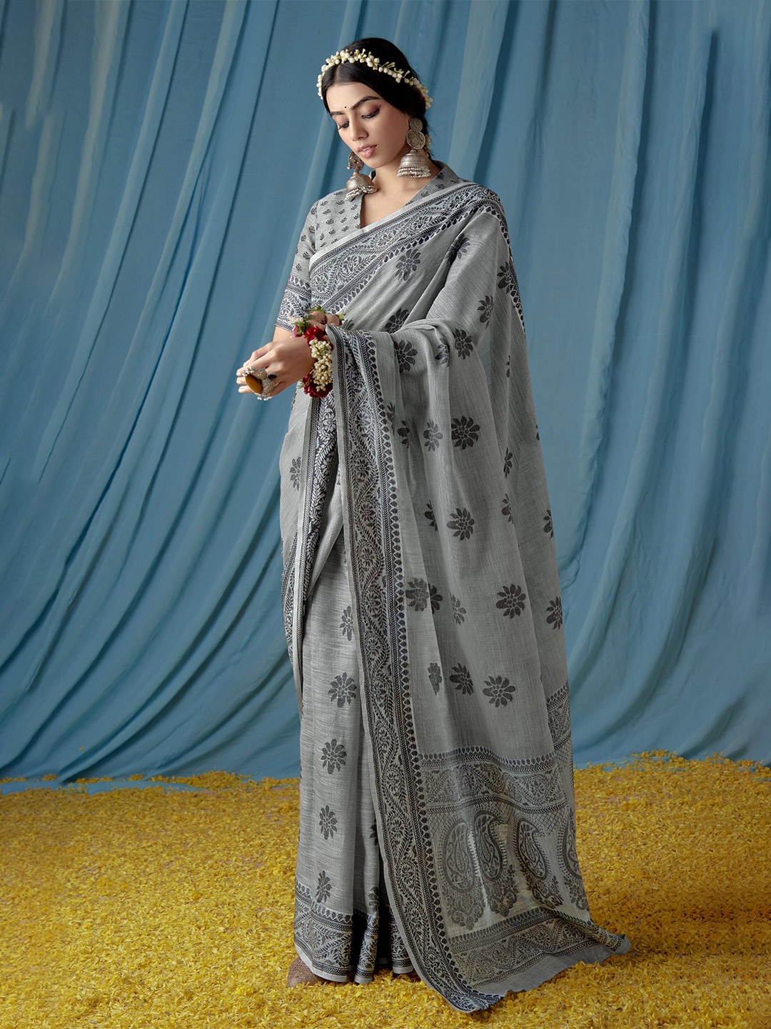 

elora Floral Woven Design Zari Pure Linen Banarasi Saree, Grey
