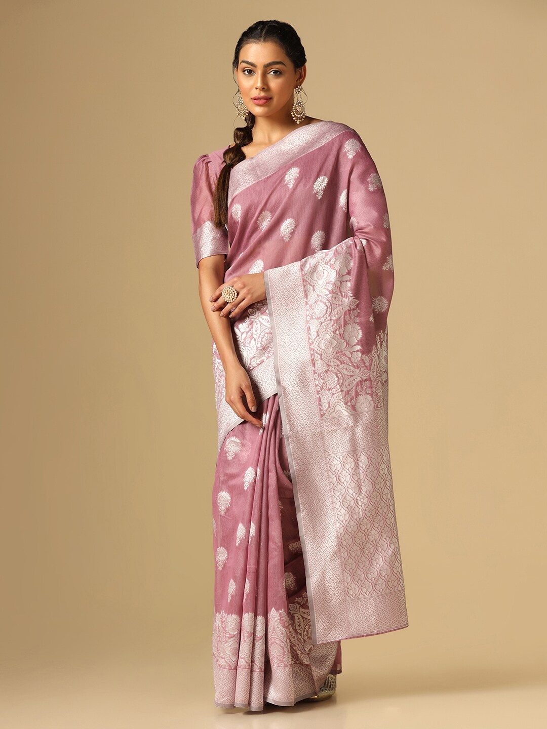 

SIRIL Ethinic motifs Woven Design Zari Saree, Pink