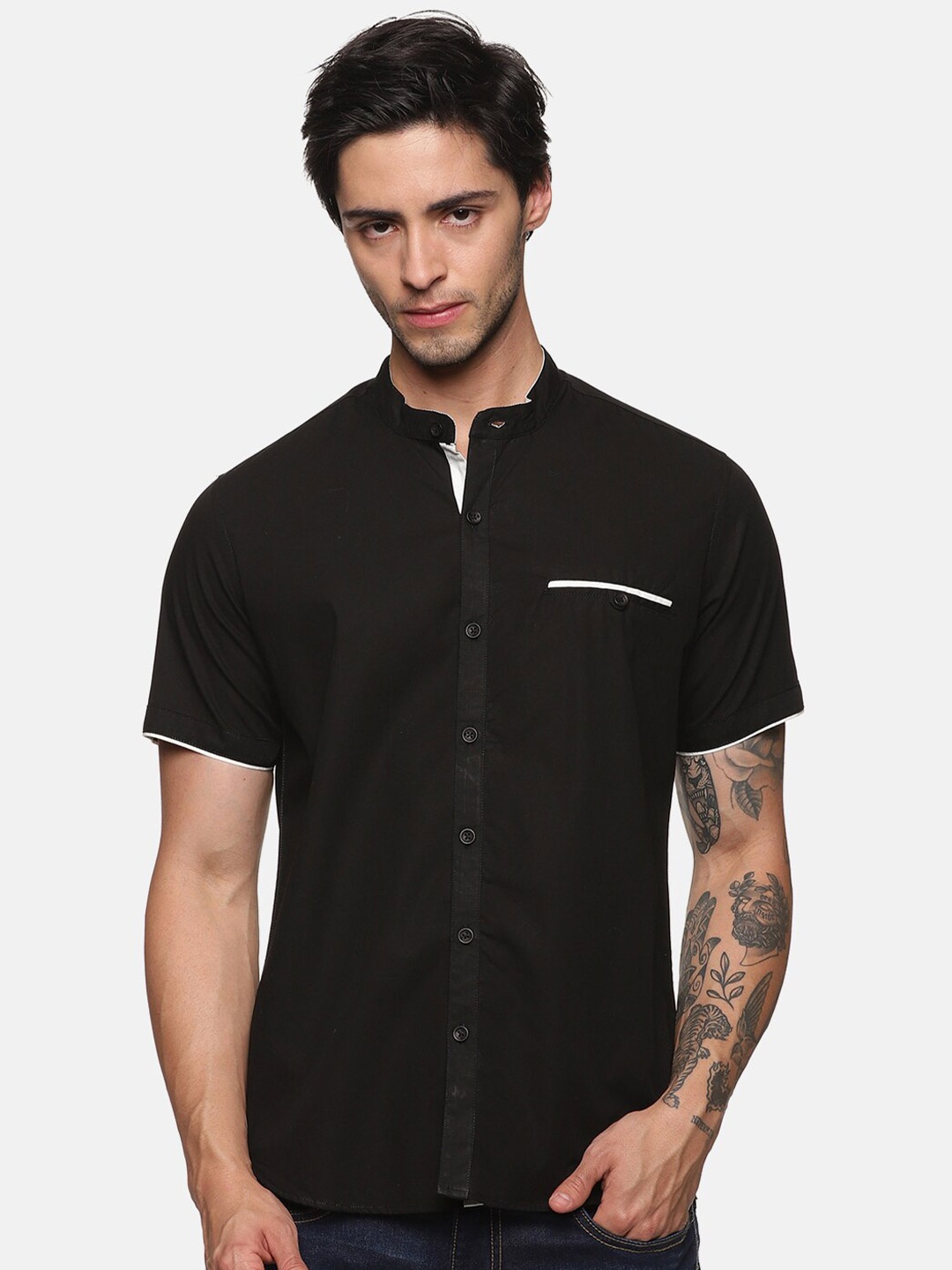 

DEZANO Mandarin Collar Cotton Casual Shirt, Black