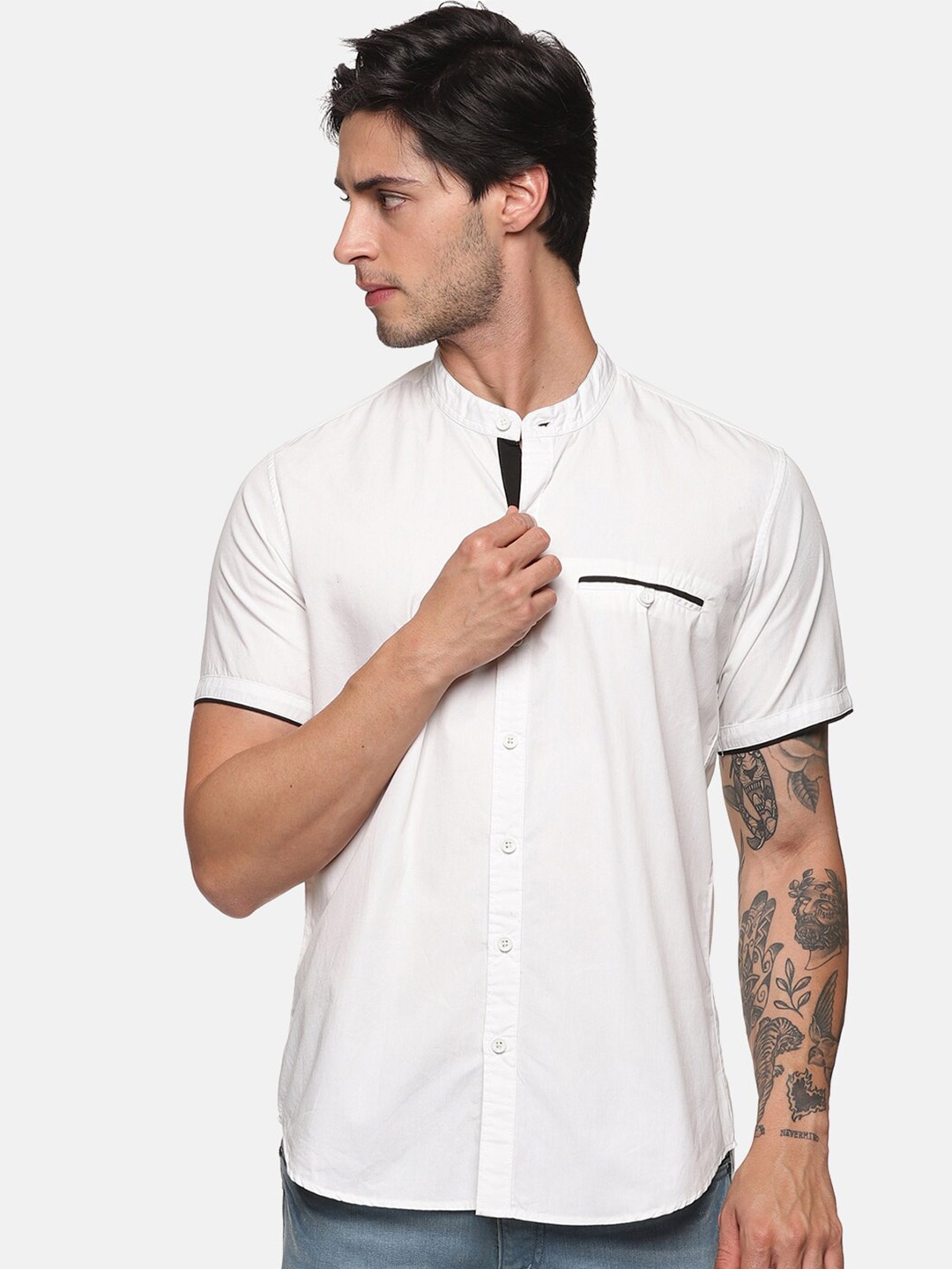 

DEZANO Mandarin Collar Cotton Casual Shirt, White