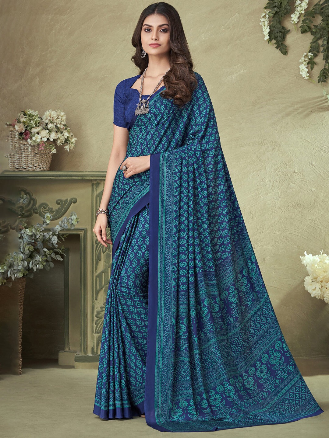 

elora Floral Printed Pure Silk Bhagalpuri Saree, Navy blue