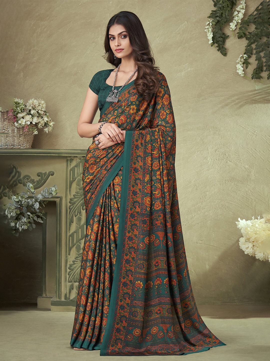 

elora Floral Printed Pure Silk Bhagalpuri Saree, Teal