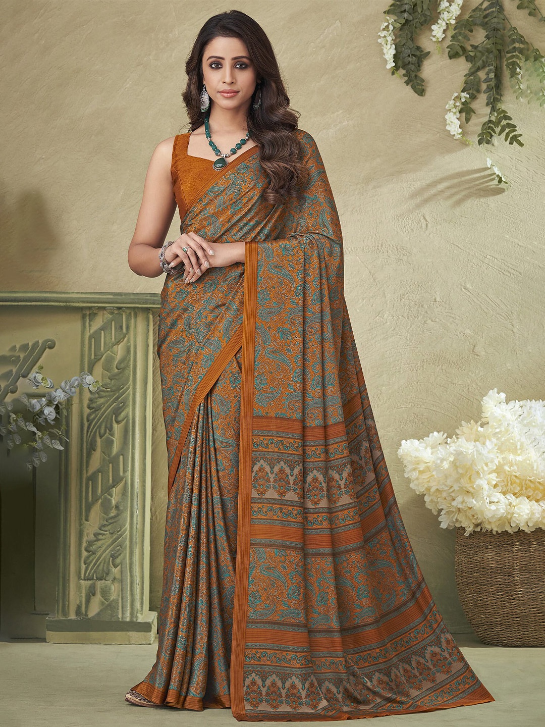 

elora Paisley Printed Pure Silk Bhagalpuri Saree, Mustard