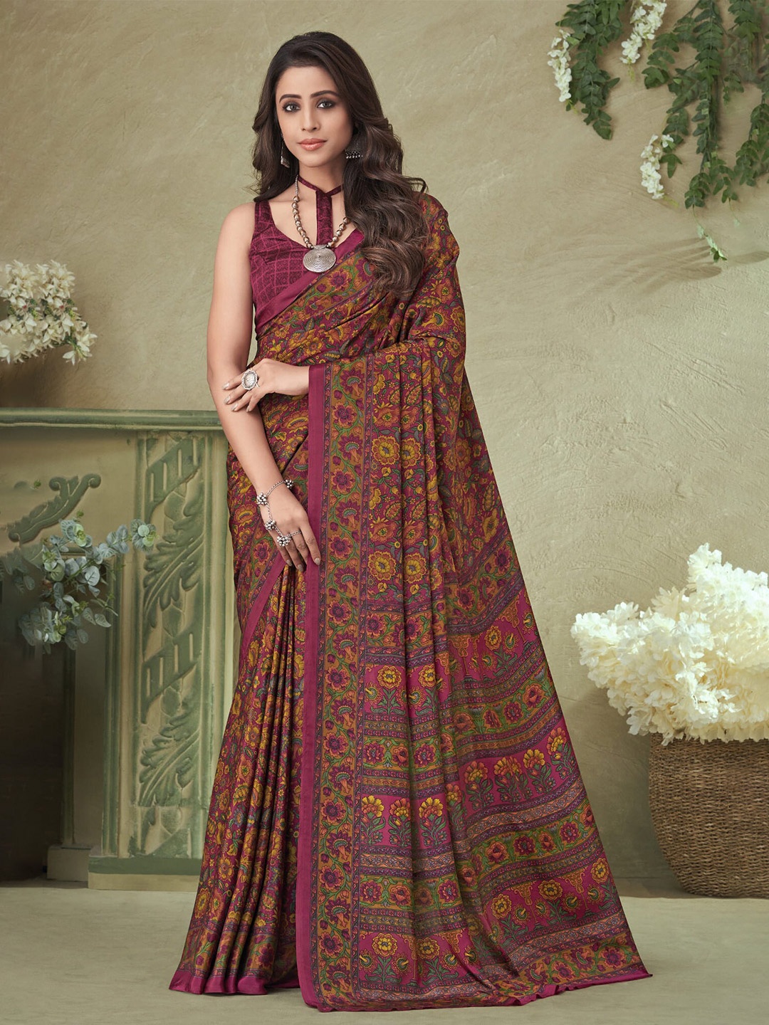 

elora Floral Printed Pure Silk Bhagalpuri Saree, Maroon