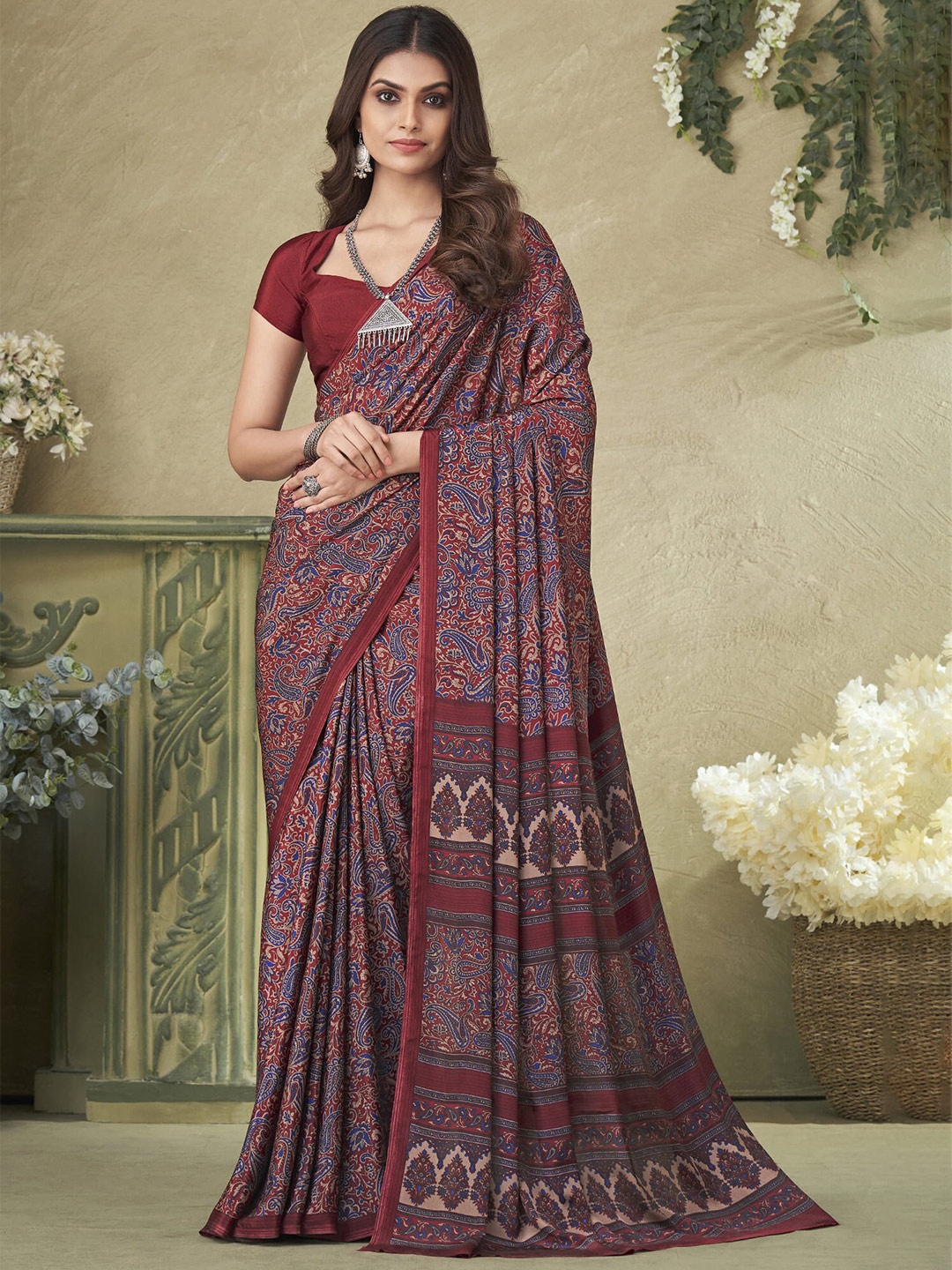 

elora Paisley Printed Pure Silk Bhagalpuri Saree, Maroon
