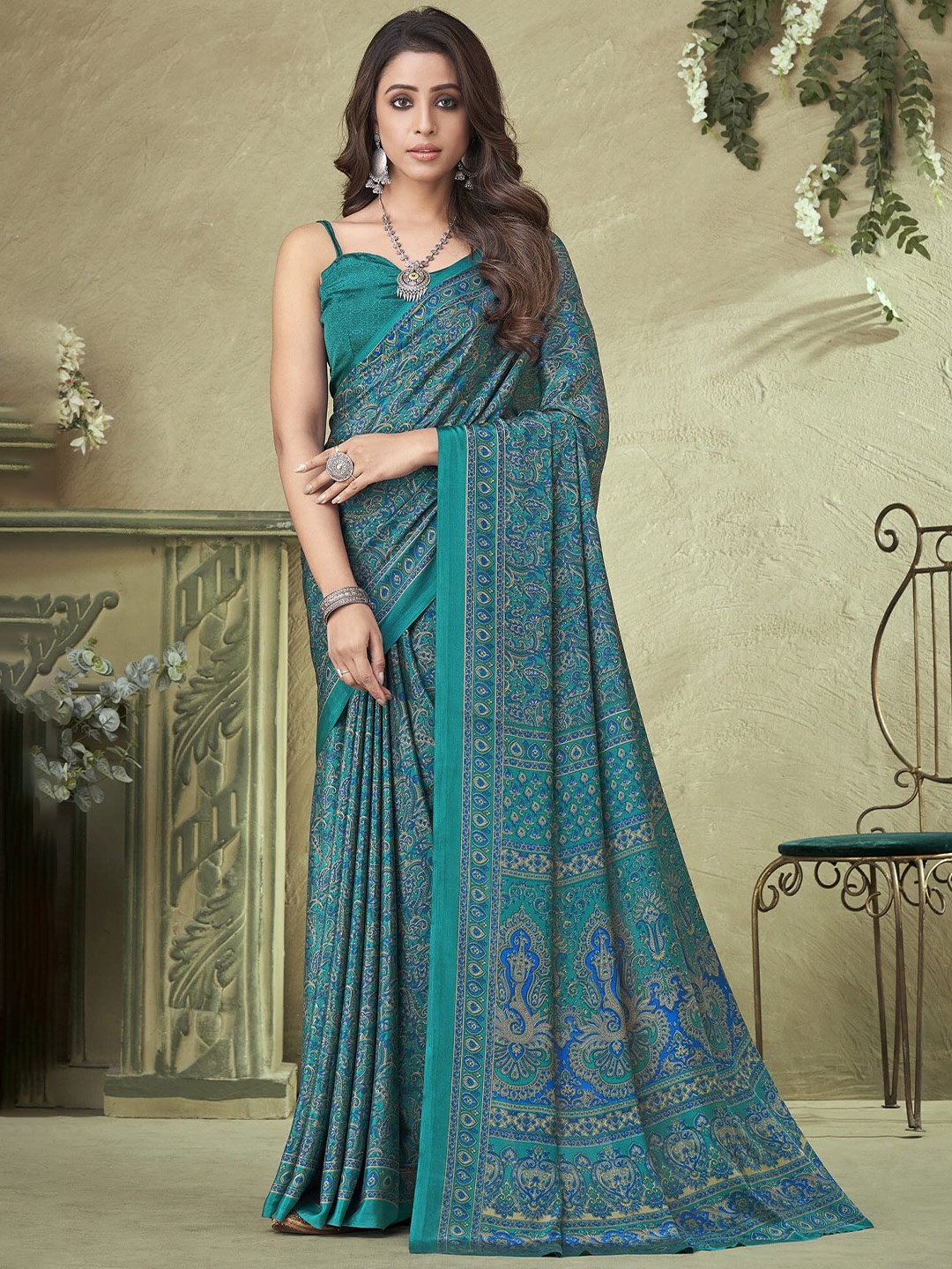 

elora Paisley Printed Pure Silk Bhagalpuri Saree, Turquoise blue