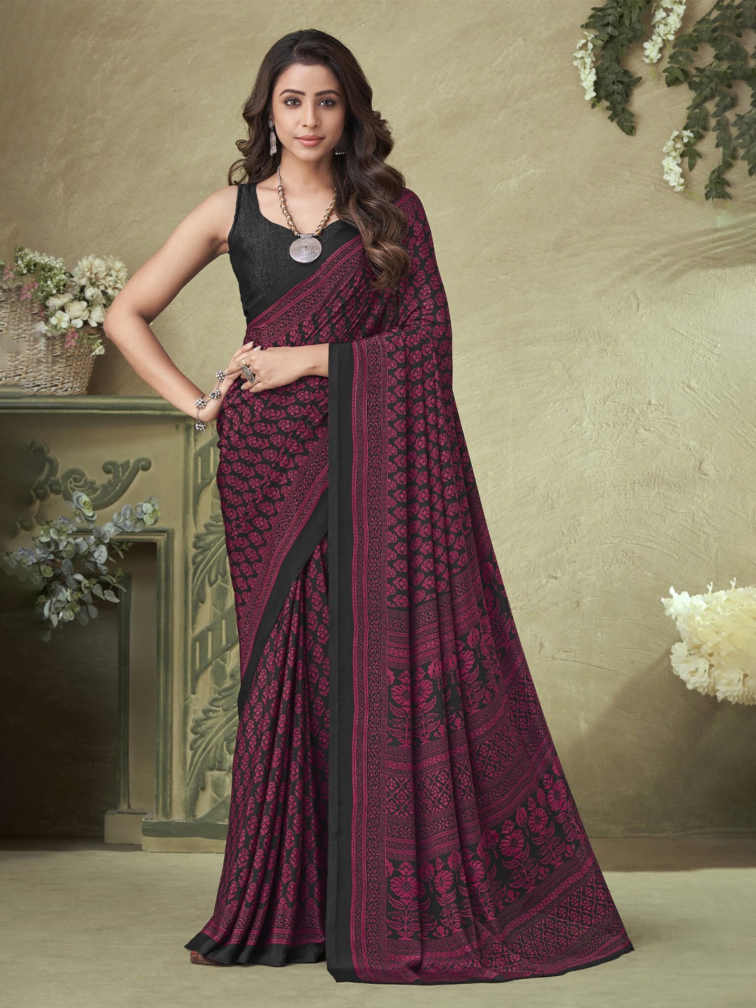 

elora Floral Printed Pure Silk Bhagalpuri Saree, Black